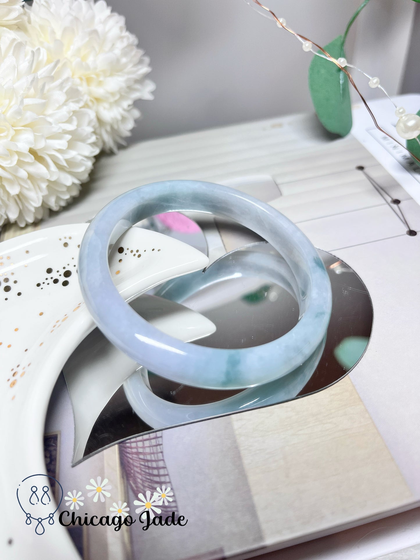 54.3mm Size S Light Blue Base with Darker Blue Green Highlights Natural Grade A Authentic Untreated Burma Jadeite Jade Feicui Bangle