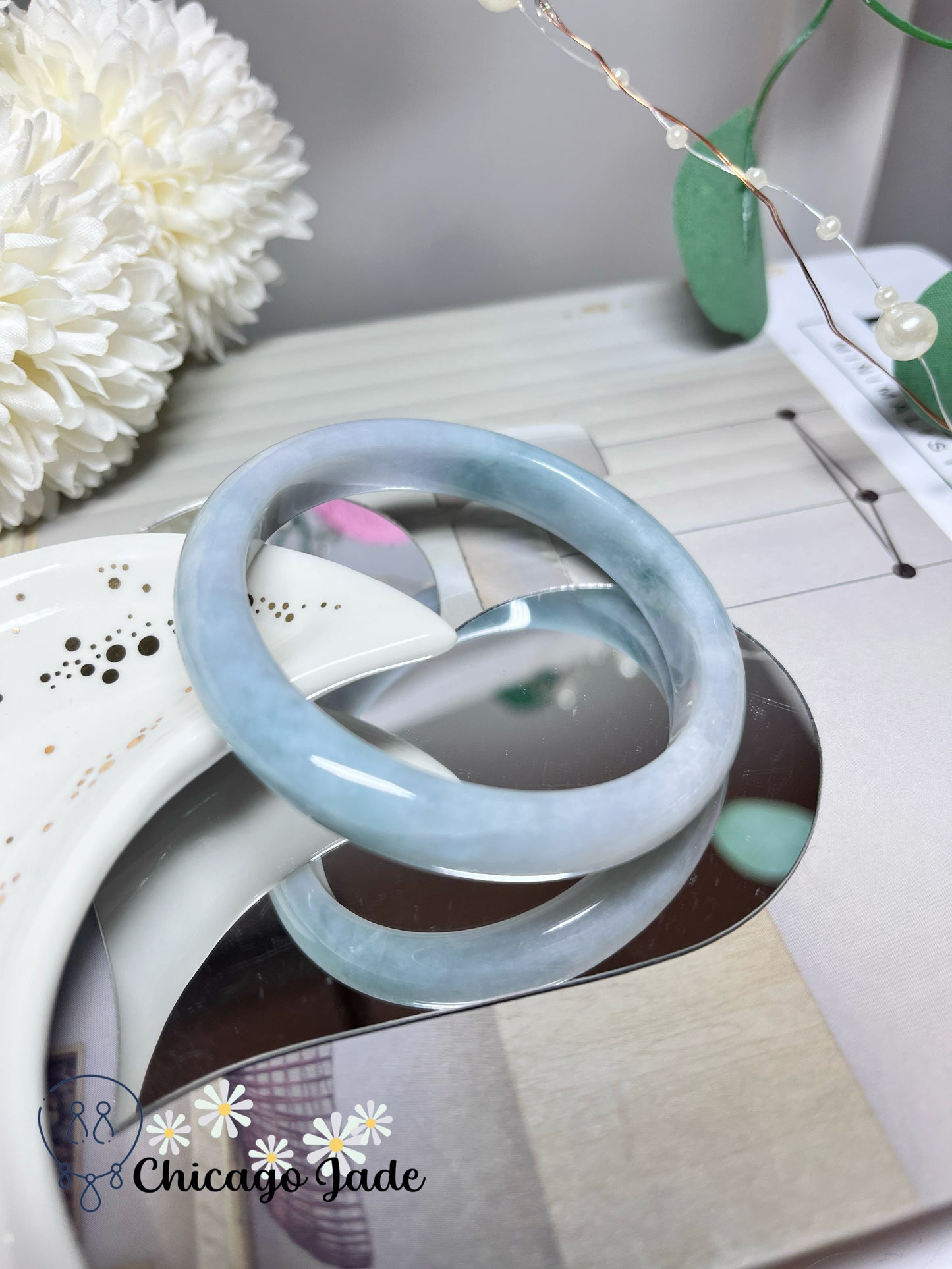 54.3mm Size S Light Blue Base with Darker Blue Green Highlights Natural Grade A Authentic Untreated Burma Jadeite Jade Feicui Bangle