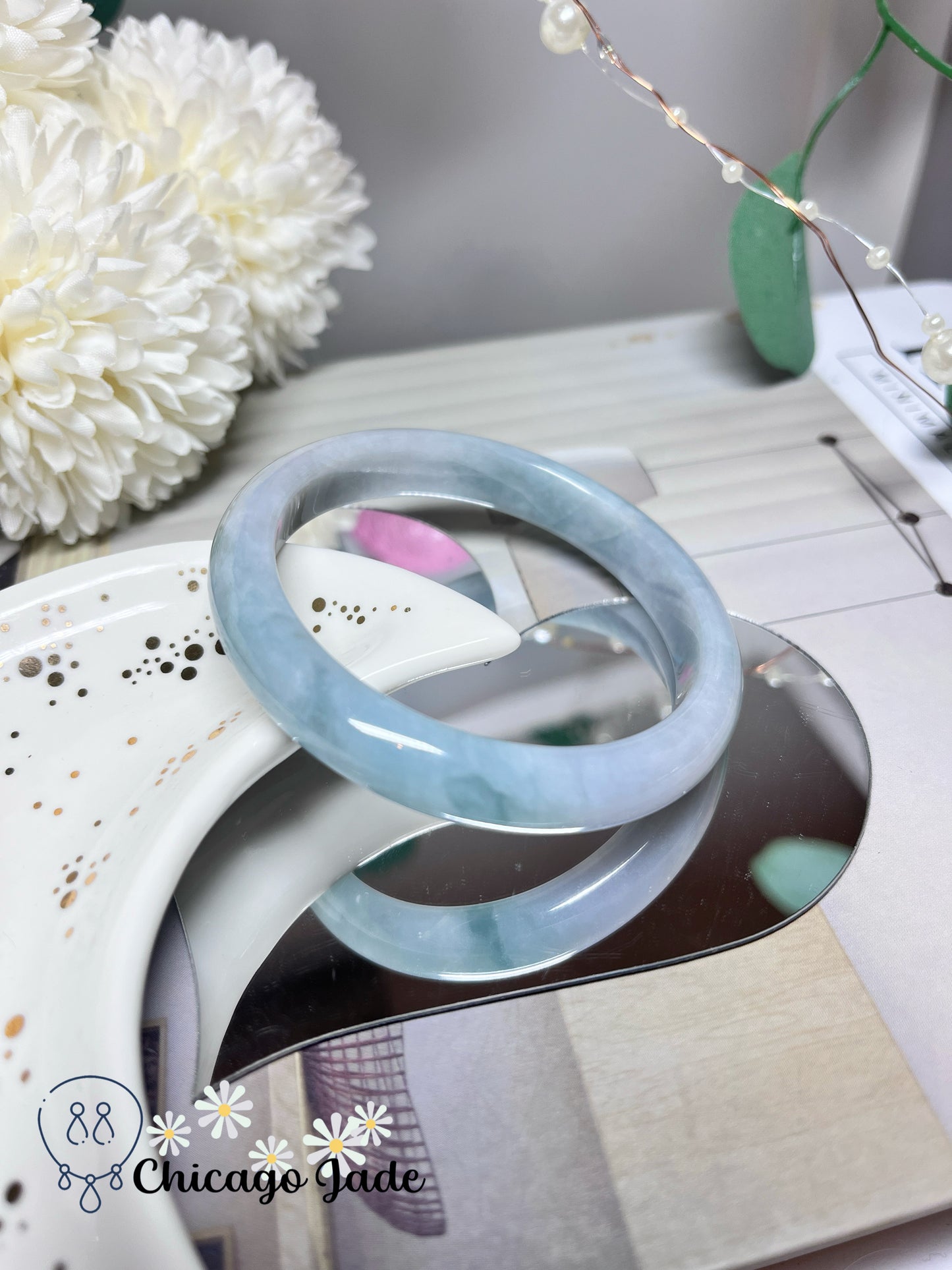 54.3mm Size S Light Blue Base with Darker Blue Green Highlights Natural Grade A Authentic Untreated Burma Jadeite Jade Feicui Bangle