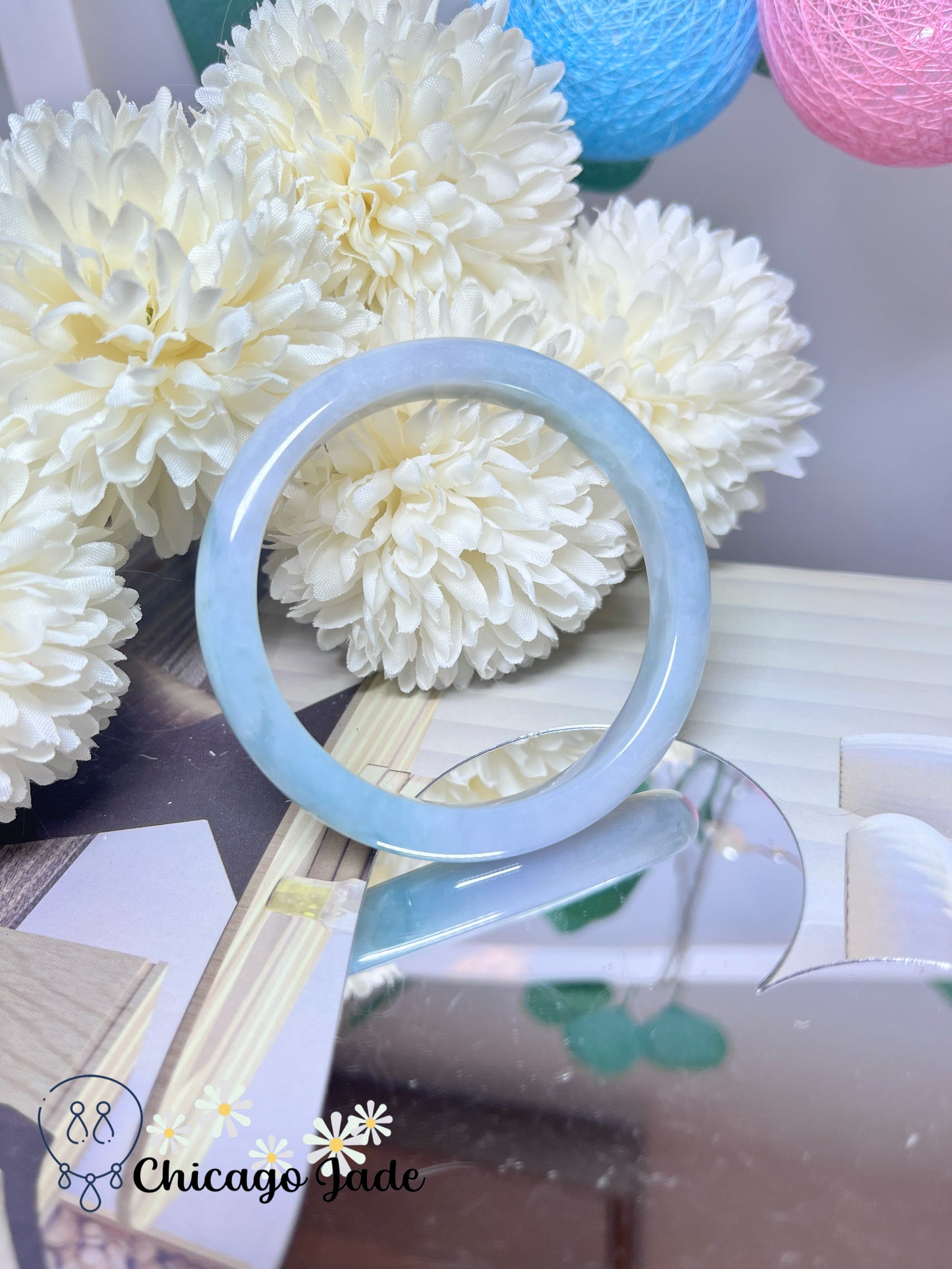 54.3mm Size S Light Blue Base with Darker Blue Green Highlights Natural Grade A Authentic Untreated Burma Jadeite Jade Feicui Bangle