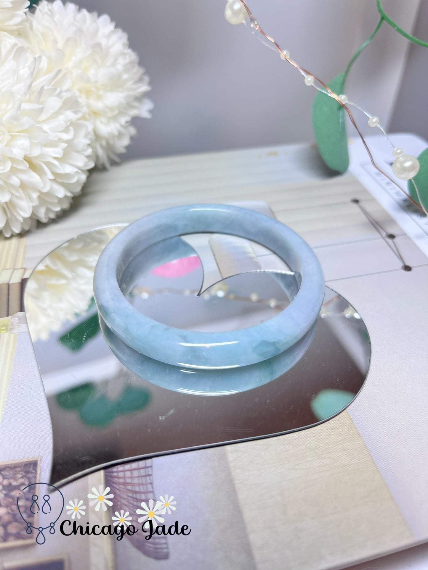 54.3mm Size S Light Blue Base with Darker Blue Green Highlights Natural Grade A Authentic Untreated Burma Jadeite Jade Feicui Bangle