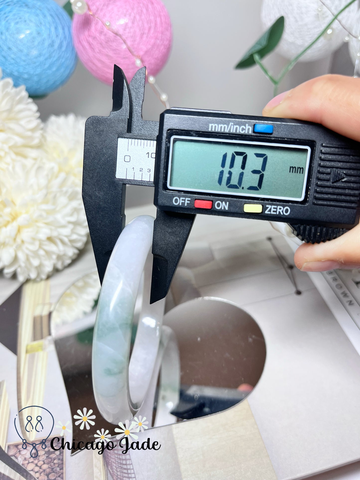 57.9mm Size M Light Lavender Base with Green Flowers Natural Grade A Authentic Untreated Burma Jadeite Jade Feicui Bangle