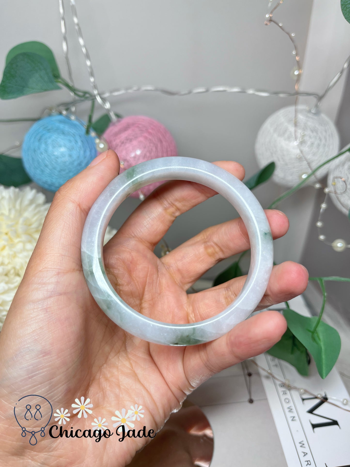 57.9mm Size M Light Lavender Base with Green Flowers Natural Grade A Authentic Untreated Burma Jadeite Jade Feicui Bangle