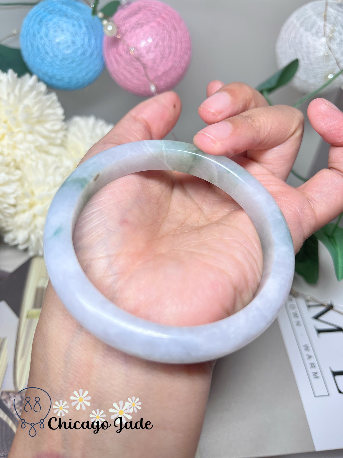 57.9mm Size M Light Lavender Base with Green Flowers Natural Grade A Authentic Untreated Burma Jadeite Jade Feicui Bangle