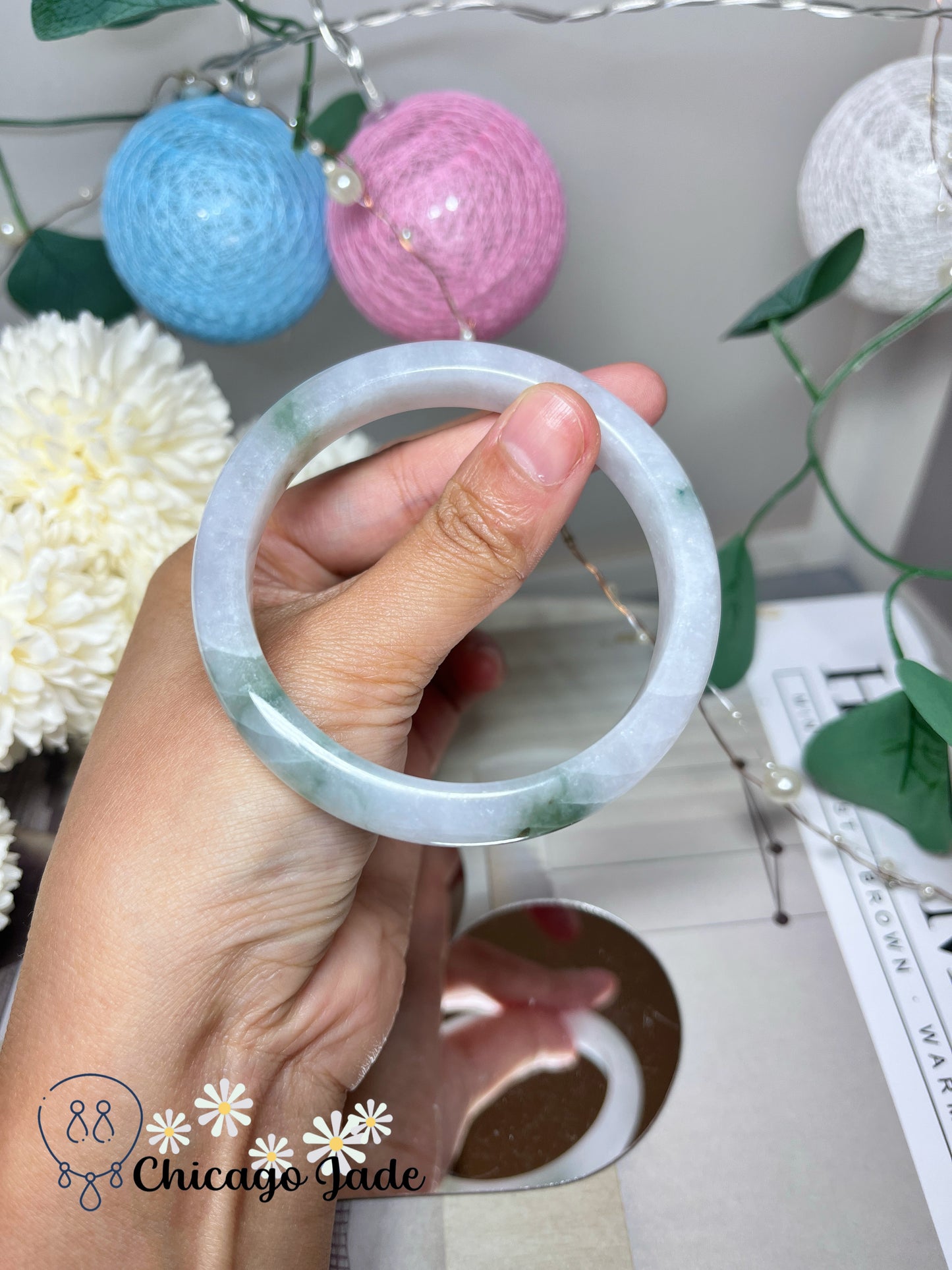 57.9mm Size M Light Lavender Base with Green Flowers Natural Grade A Authentic Untreated Burma Jadeite Jade Feicui Bangle