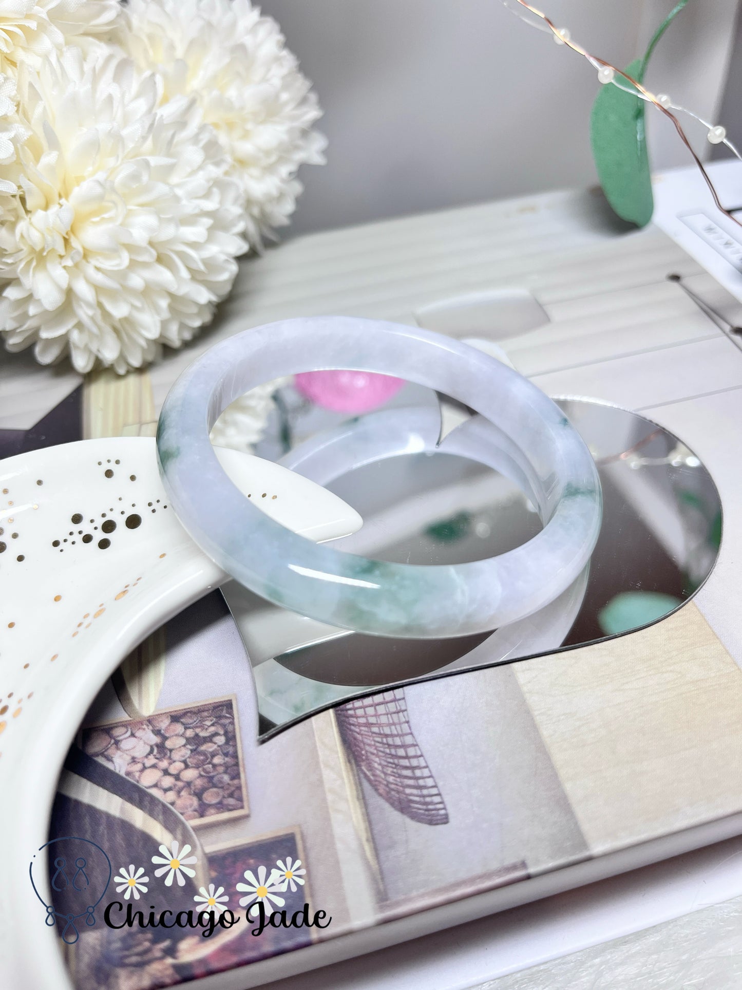 57.9mm Size M Light Lavender Base with Green Flowers Natural Grade A Authentic Untreated Burma Jadeite Jade Feicui Bangle