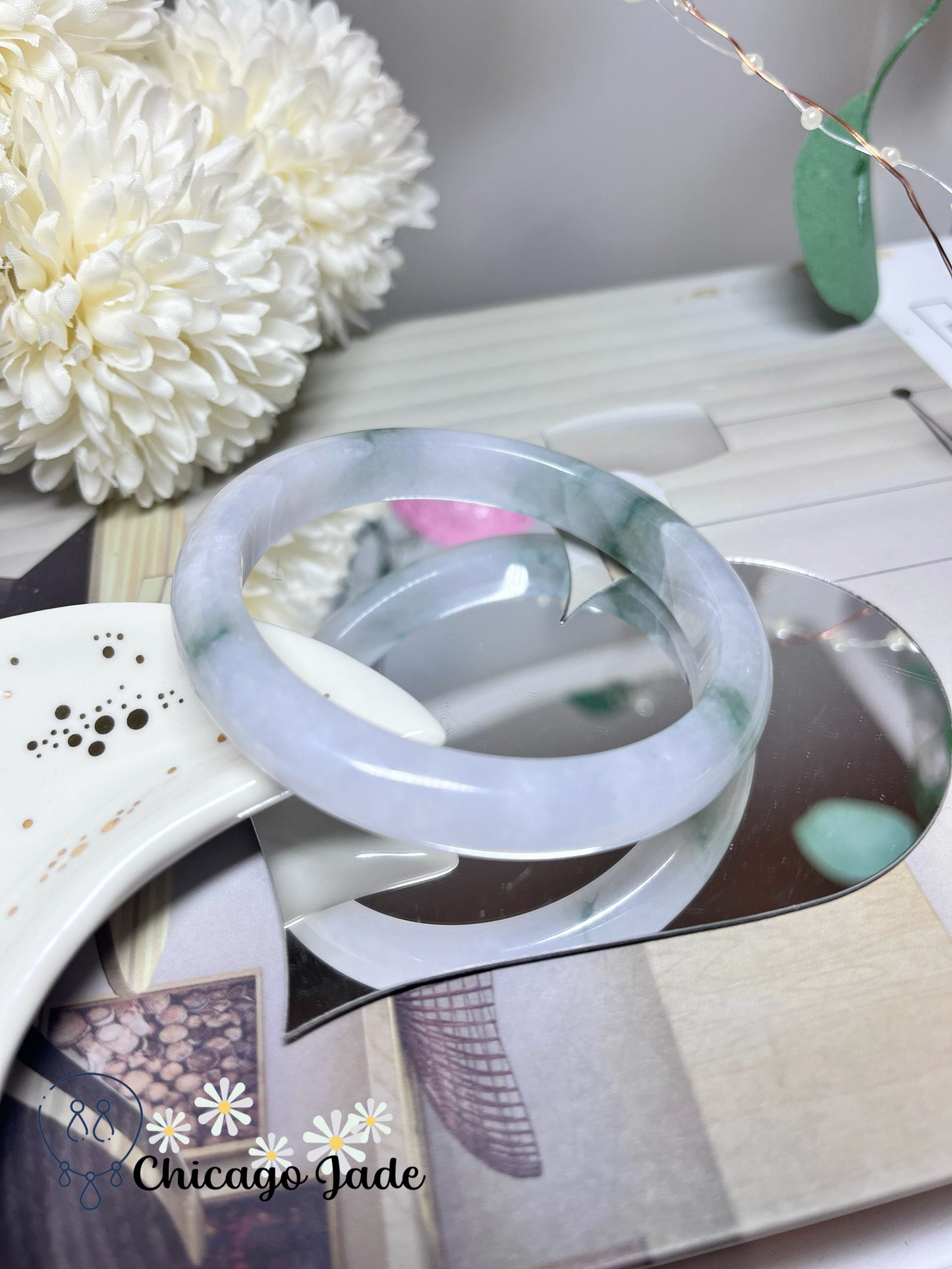 57.9mm Size M Light Lavender Base with Green Flowers Natural Grade A Authentic Untreated Burma Jadeite Jade Feicui Bangle