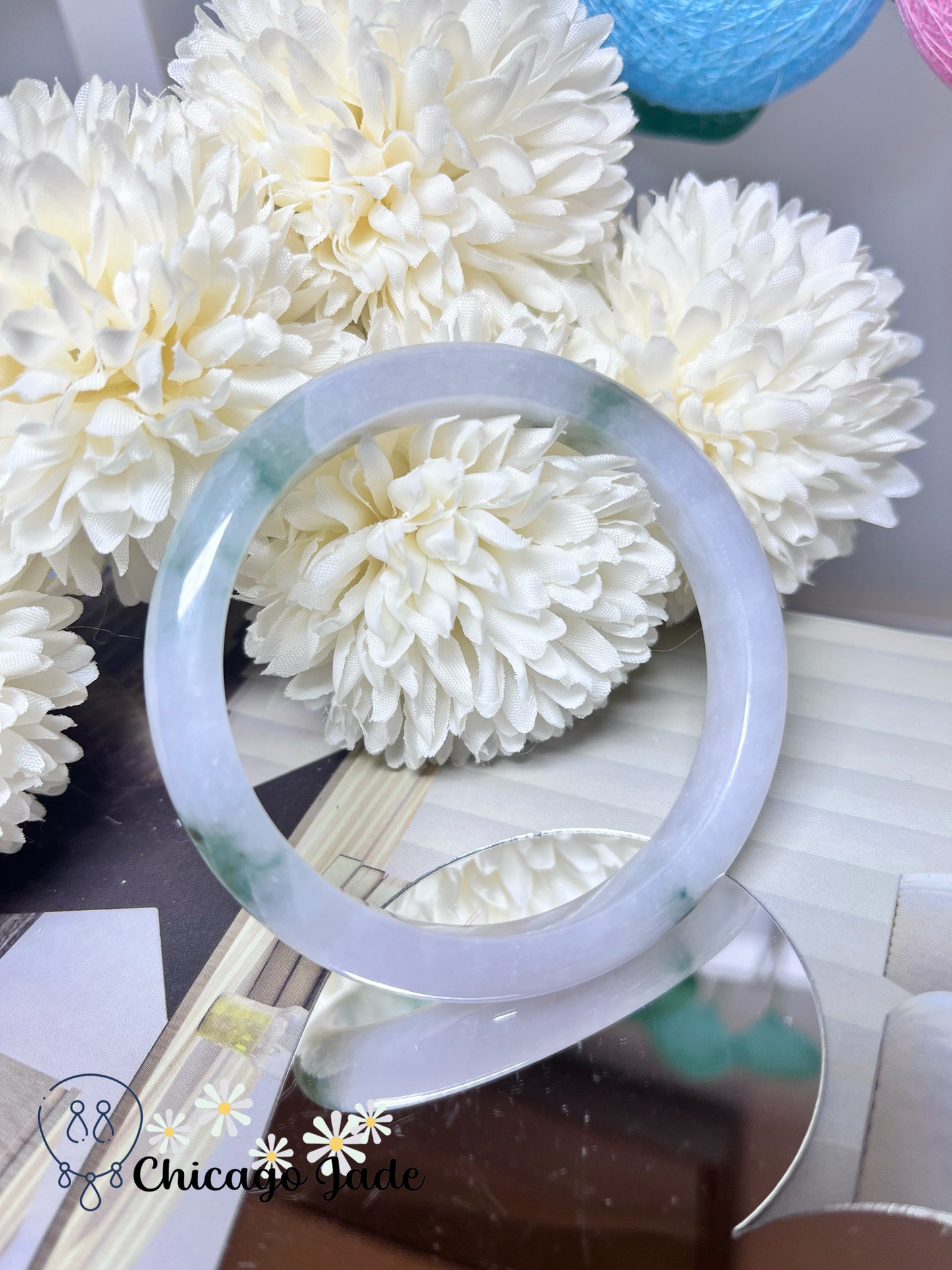 57.9mm Size M Light Lavender Base with Green Flowers Natural Grade A Authentic Untreated Burma Jadeite Jade Feicui Bangle
