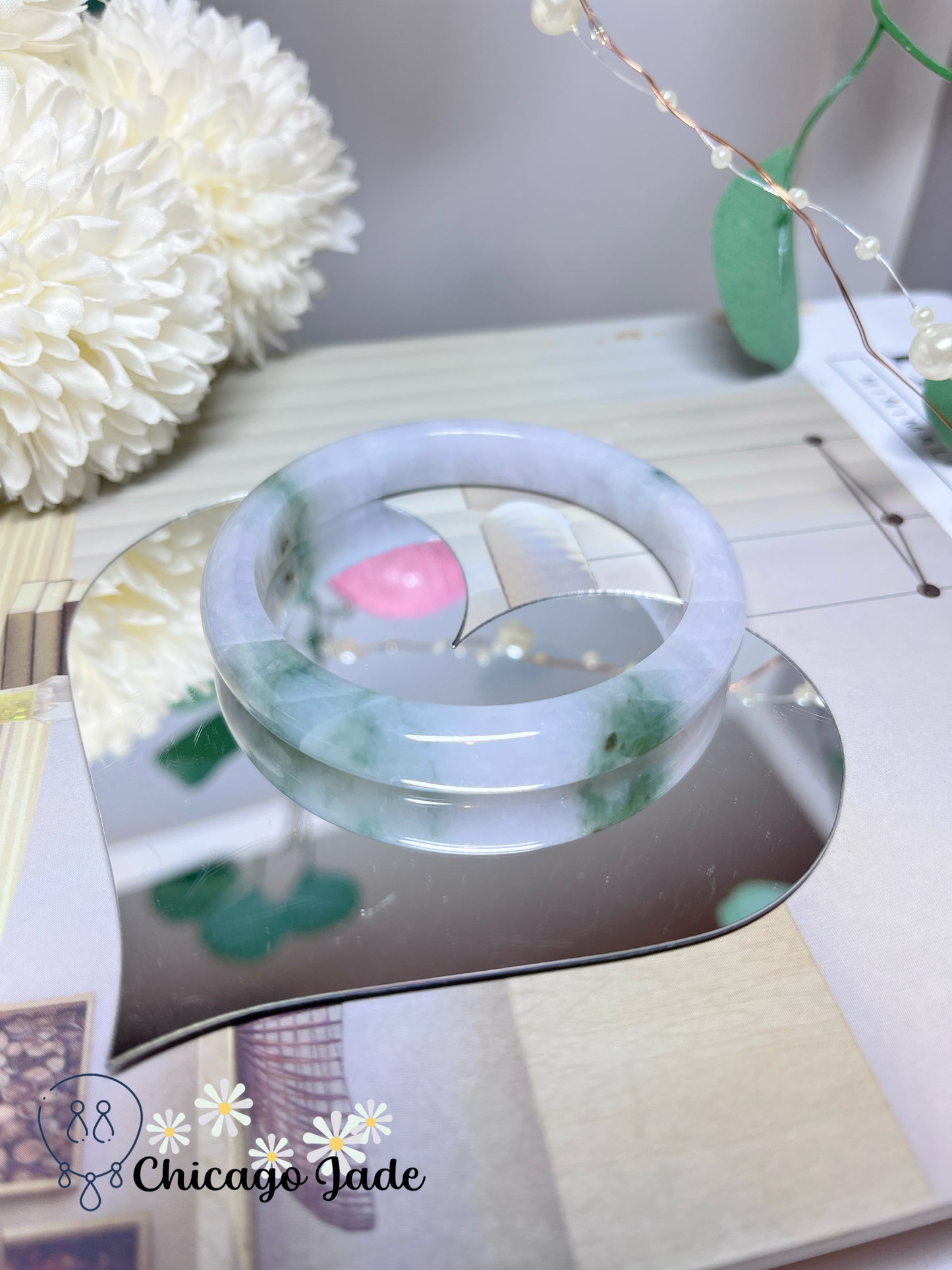 57.9mm Size M Light Lavender Base with Green Flowers Natural Grade A Authentic Untreated Burma Jadeite Jade Feicui Bangle