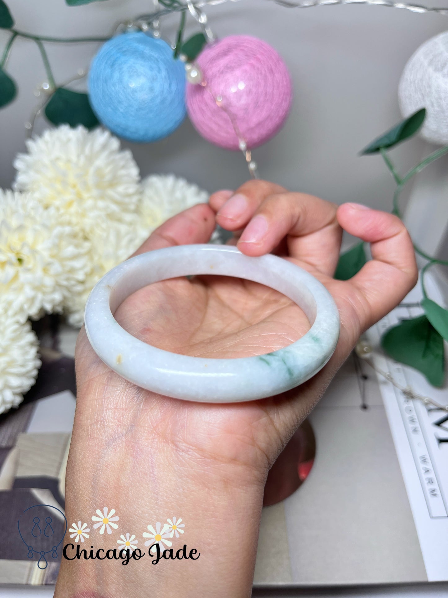 57.7mm Size M Moonlight White Base with Touches of Green Natural Grade A Authentic Untreated Burma Jadeite Jade Feicui Bangle