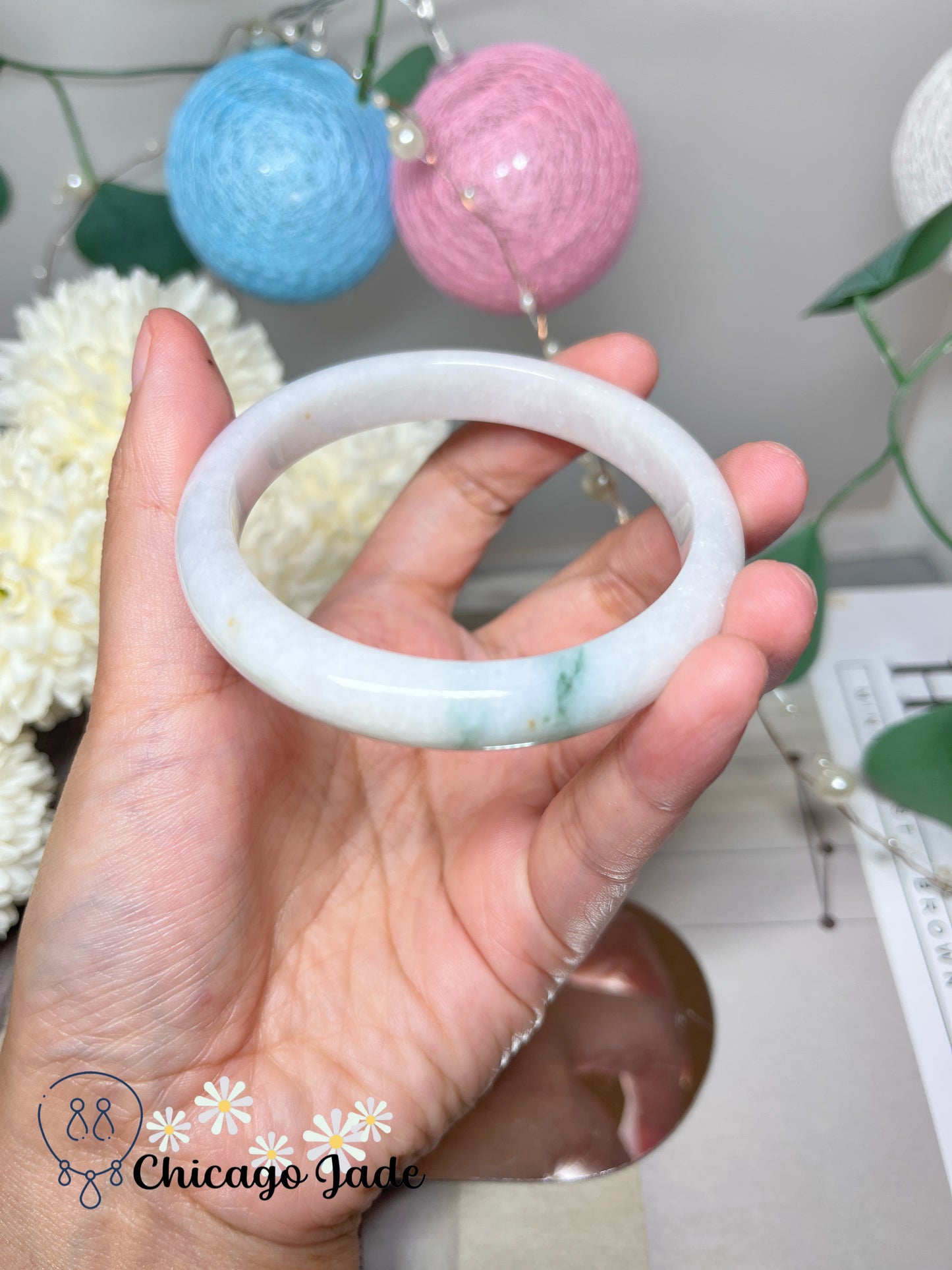 57.7mm Size M Moonlight White Base with Touches of Green Natural Grade A Authentic Untreated Burma Jadeite Jade Feicui Bangle