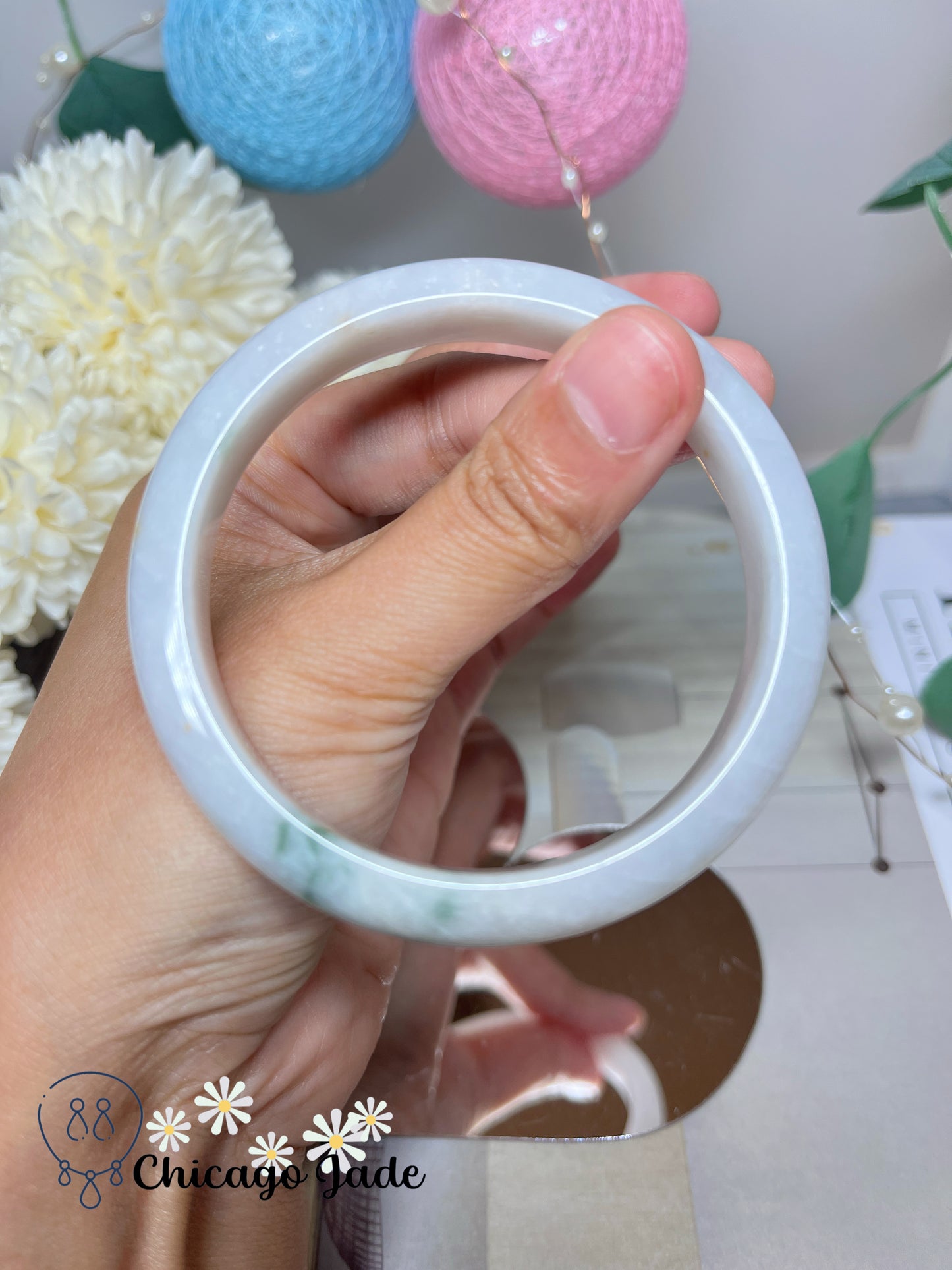 57.7mm Size M Moonlight White Base with Touches of Green Natural Grade A Authentic Untreated Burma Jadeite Jade Feicui Bangle