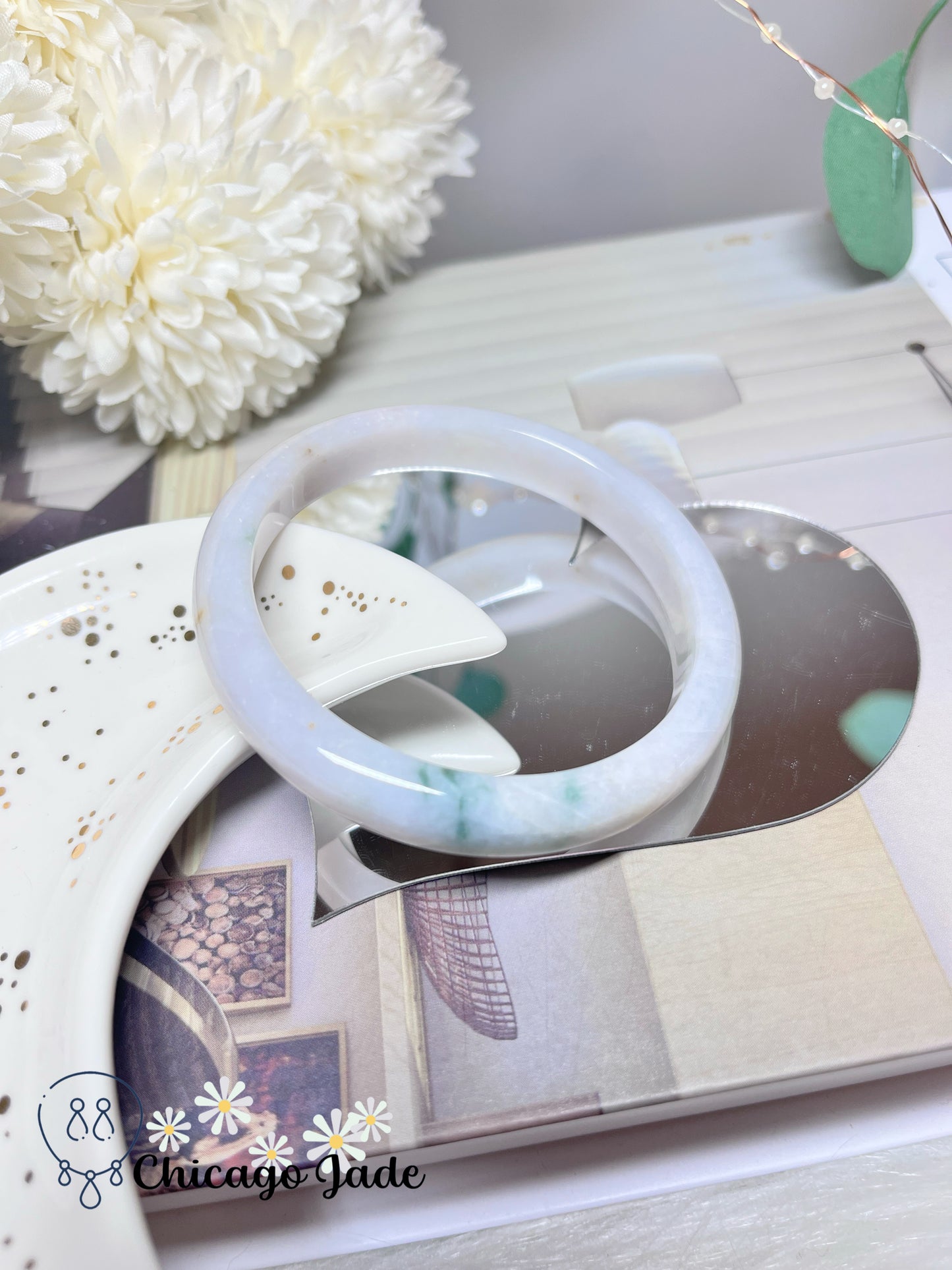 57.7mm Size M Moonlight White Base with Touches of Green Natural Grade A Authentic Untreated Burma Jadeite Jade Feicui Bangle