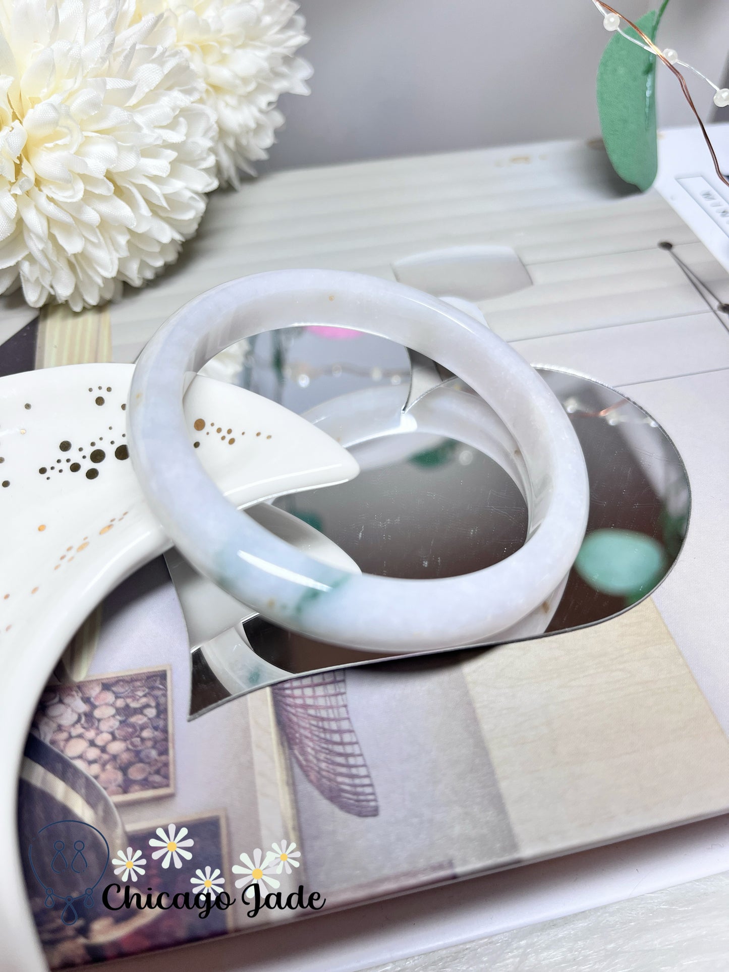 57.7mm Size M Moonlight White Base with Touches of Green Natural Grade A Authentic Untreated Burma Jadeite Jade Feicui Bangle