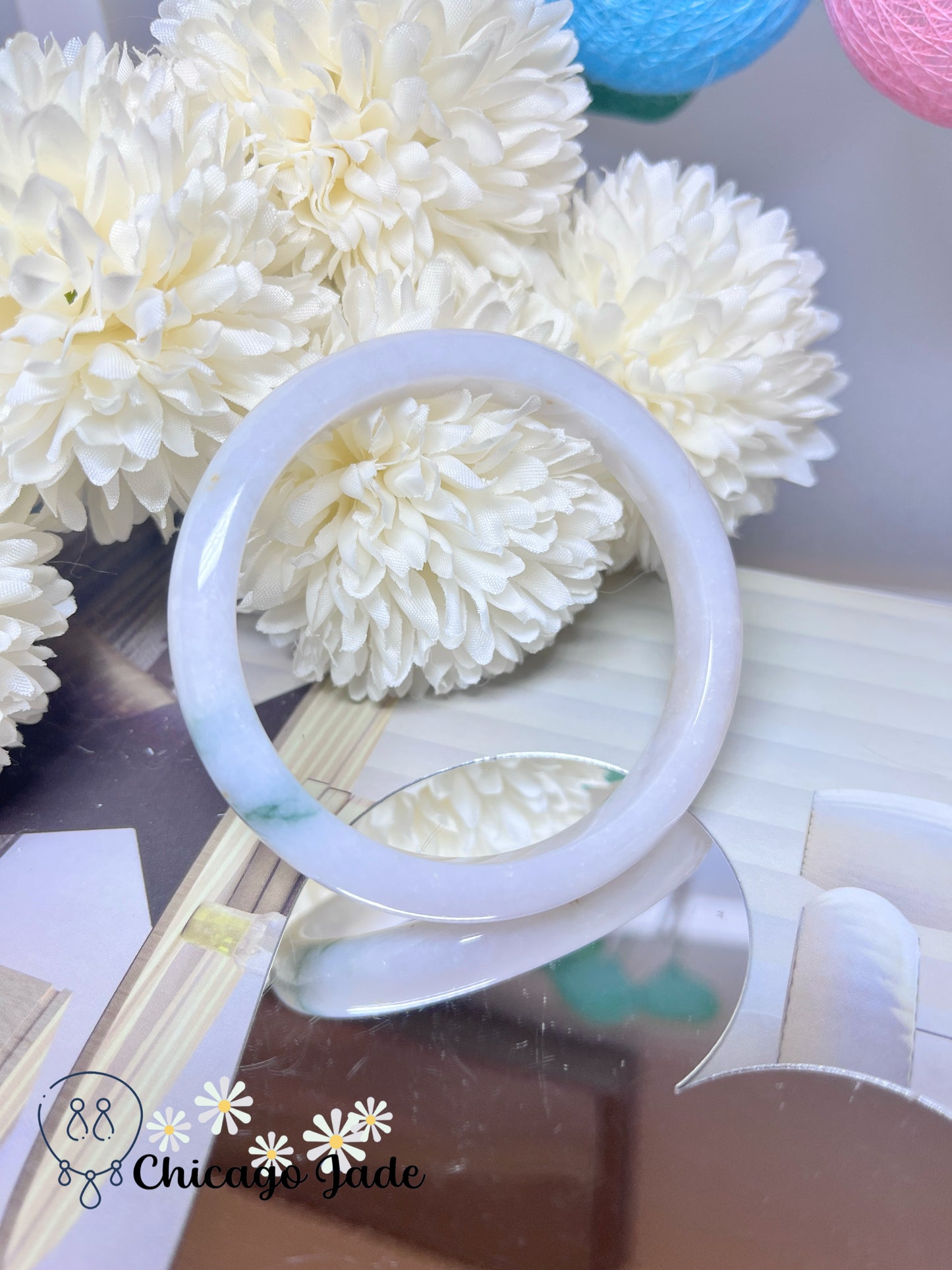 57.7mm Size M Moonlight White Base with Touches of Green Natural Grade A Authentic Untreated Burma Jadeite Jade Feicui Bangle