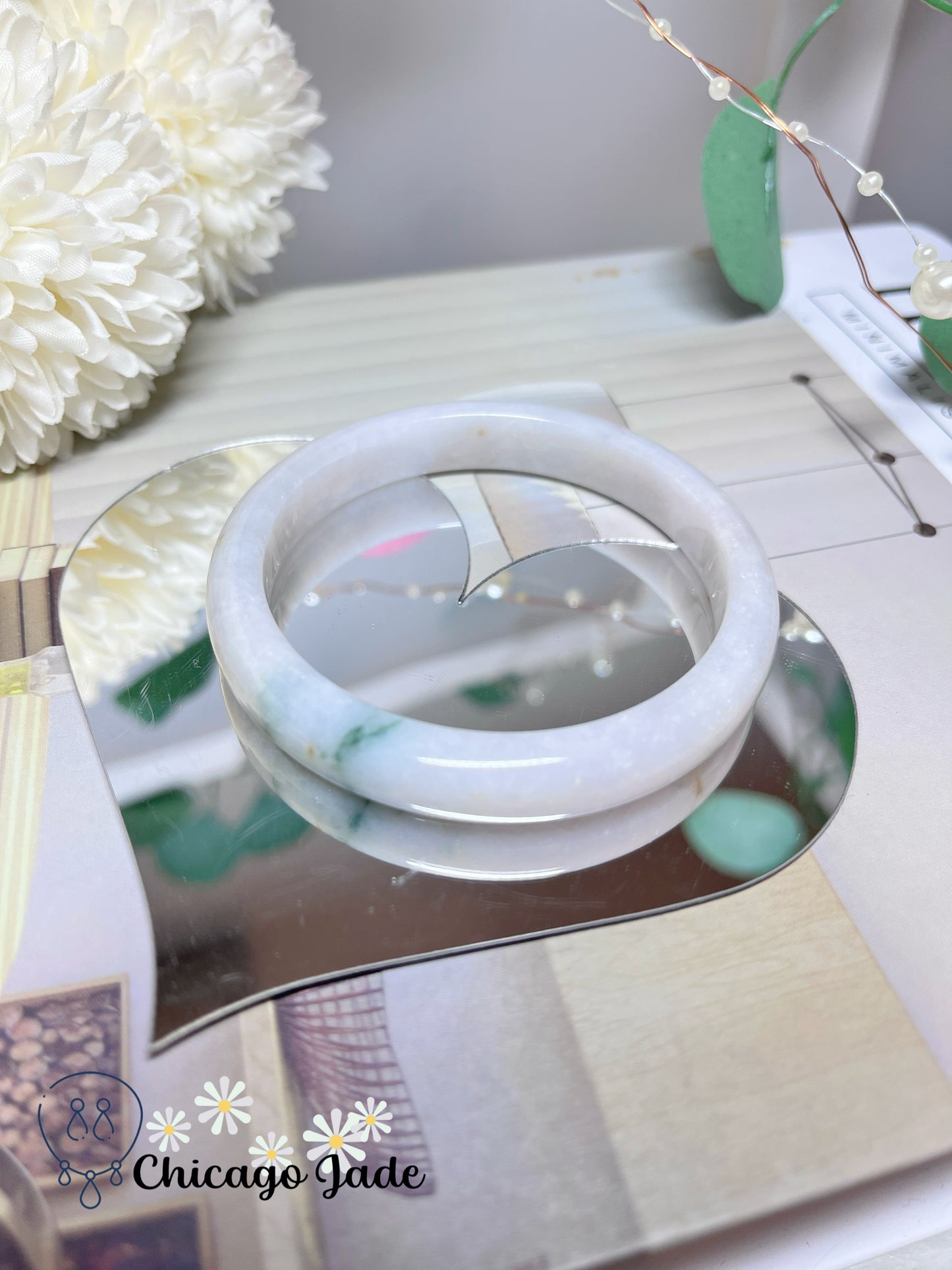 57.7mm Size M Moonlight White Base with Touches of Green Natural Grade A Authentic Untreated Burma Jadeite Jade Feicui Bangle