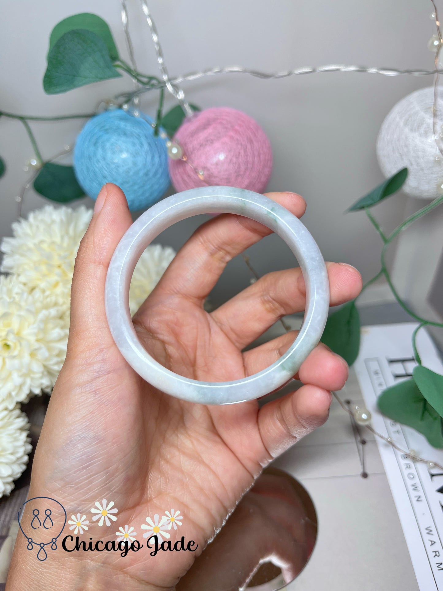 55.1mm Size M Moonlight White Base with Green Flowers Natural Grade A Authentic Burma Jadeite Jade Feicui Bangle