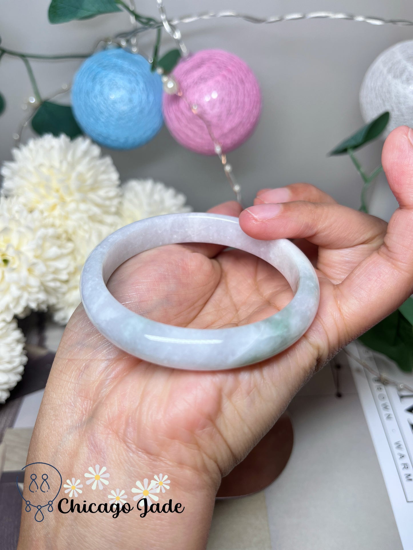 55.1mm Size M Moonlight White Base with Green Flowers Natural Grade A Authentic Burma Jadeite Jade Feicui Bangle