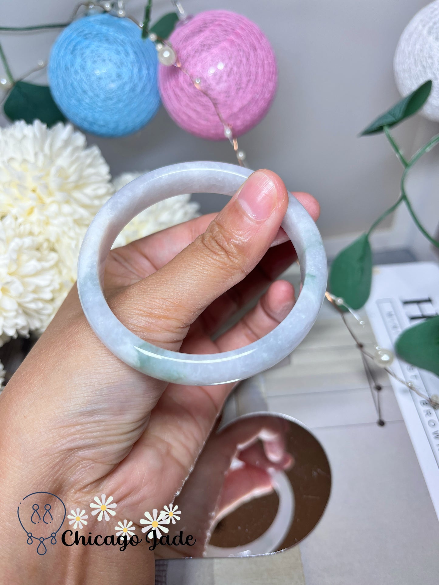 55.1mm Size M Moonlight White Base with Green Flowers Natural Grade A Authentic Burma Jadeite Jade Feicui Bangle