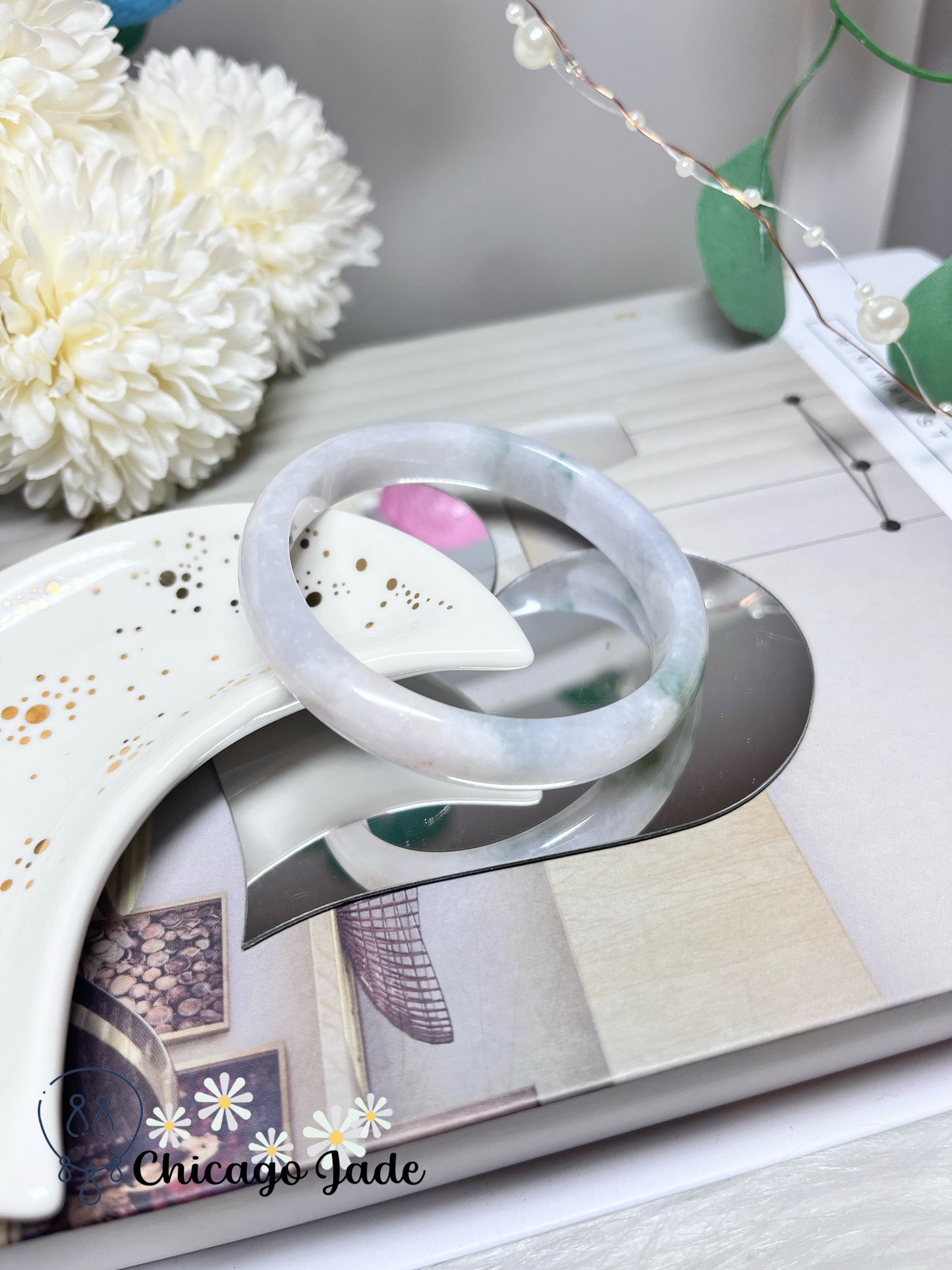 55.1mm Size M Moonlight White Base with Green Flowers Natural Grade A Authentic Burma Jadeite Jade Feicui Bangle