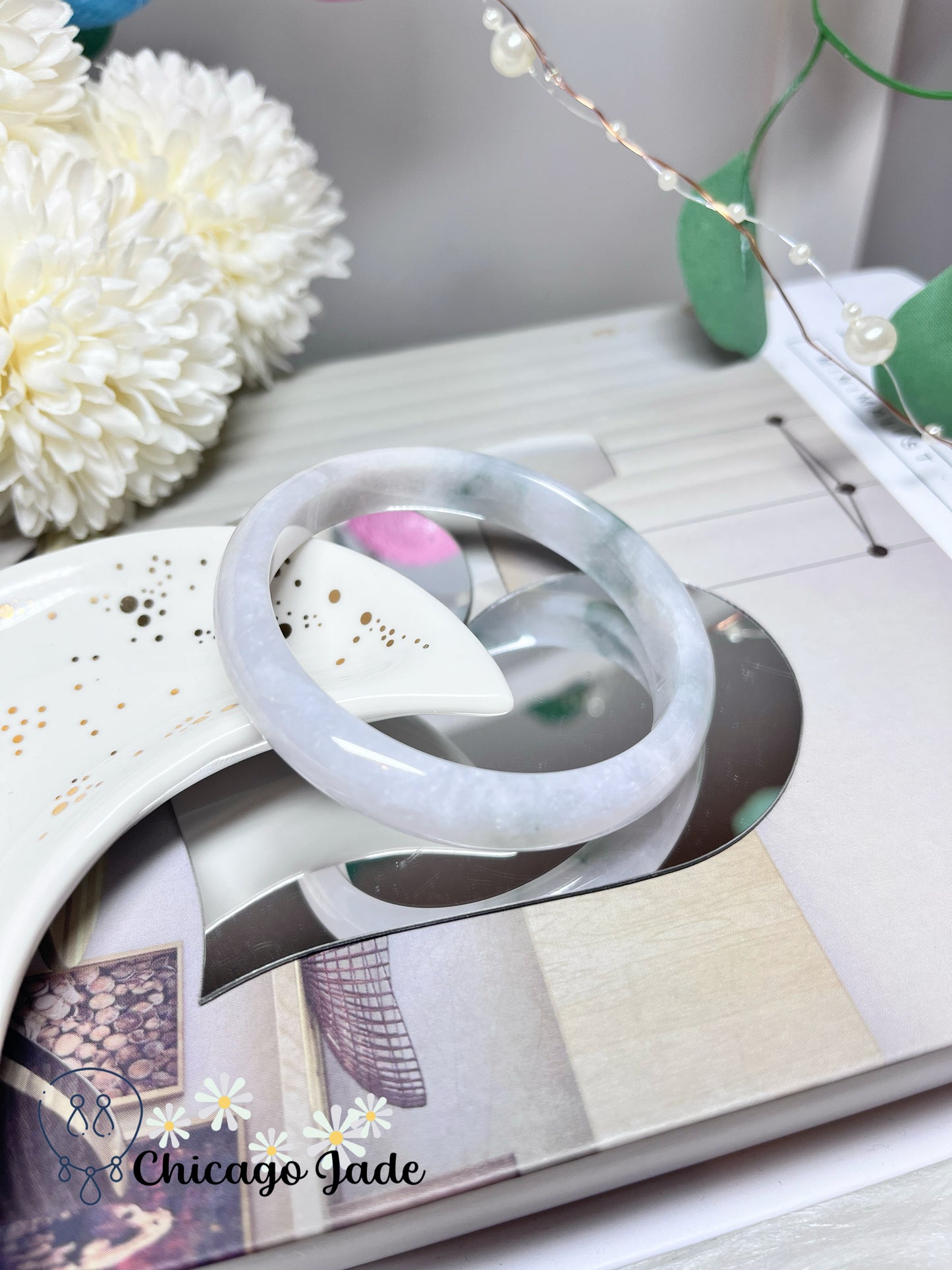 55.1mm Size M Moonlight White Base with Green Flowers Natural Grade A Authentic Burma Jadeite Jade Feicui Bangle