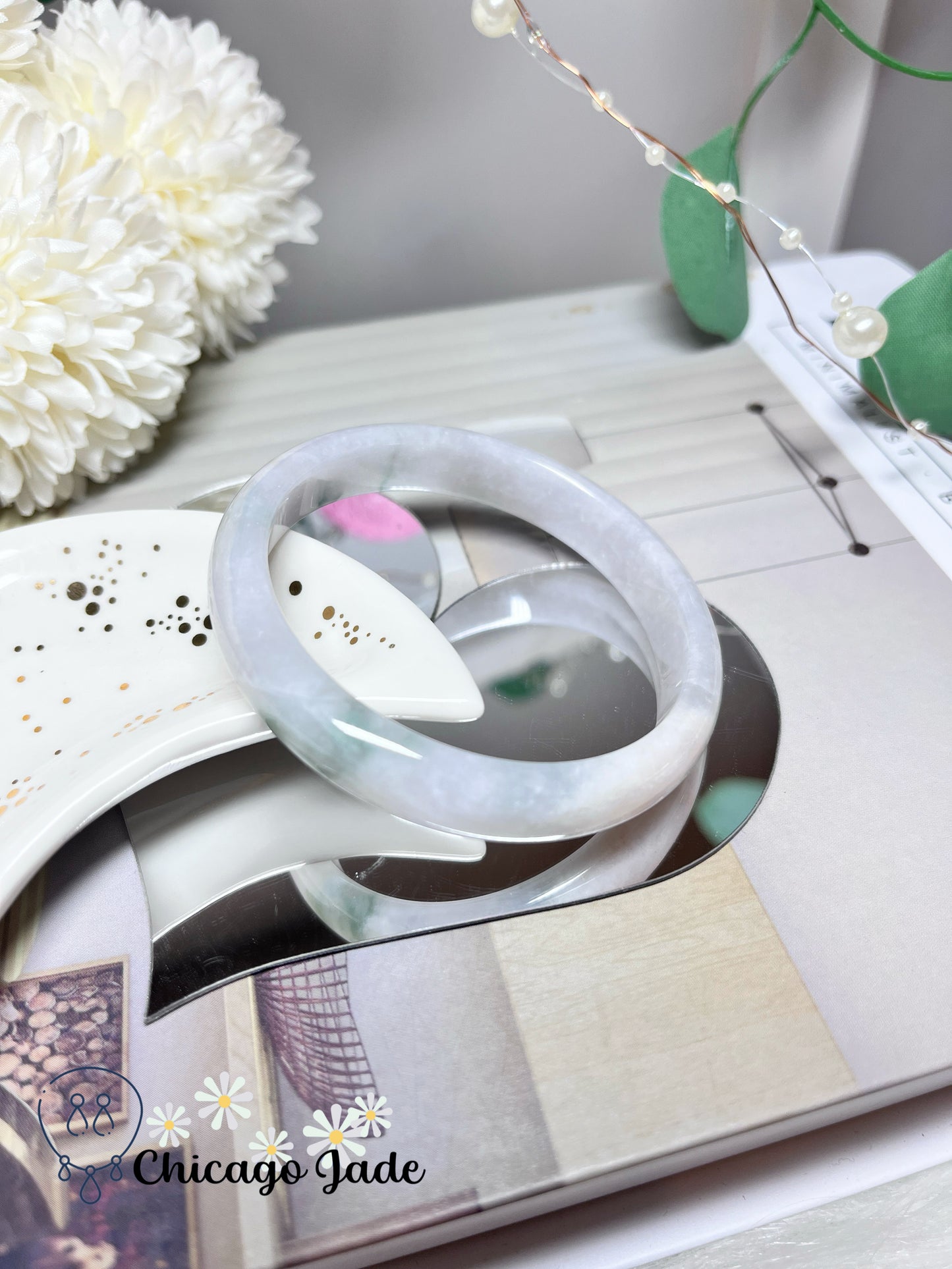 55.1mm Size M Moonlight White Base with Green Flowers Natural Grade A Authentic Burma Jadeite Jade Feicui Bangle