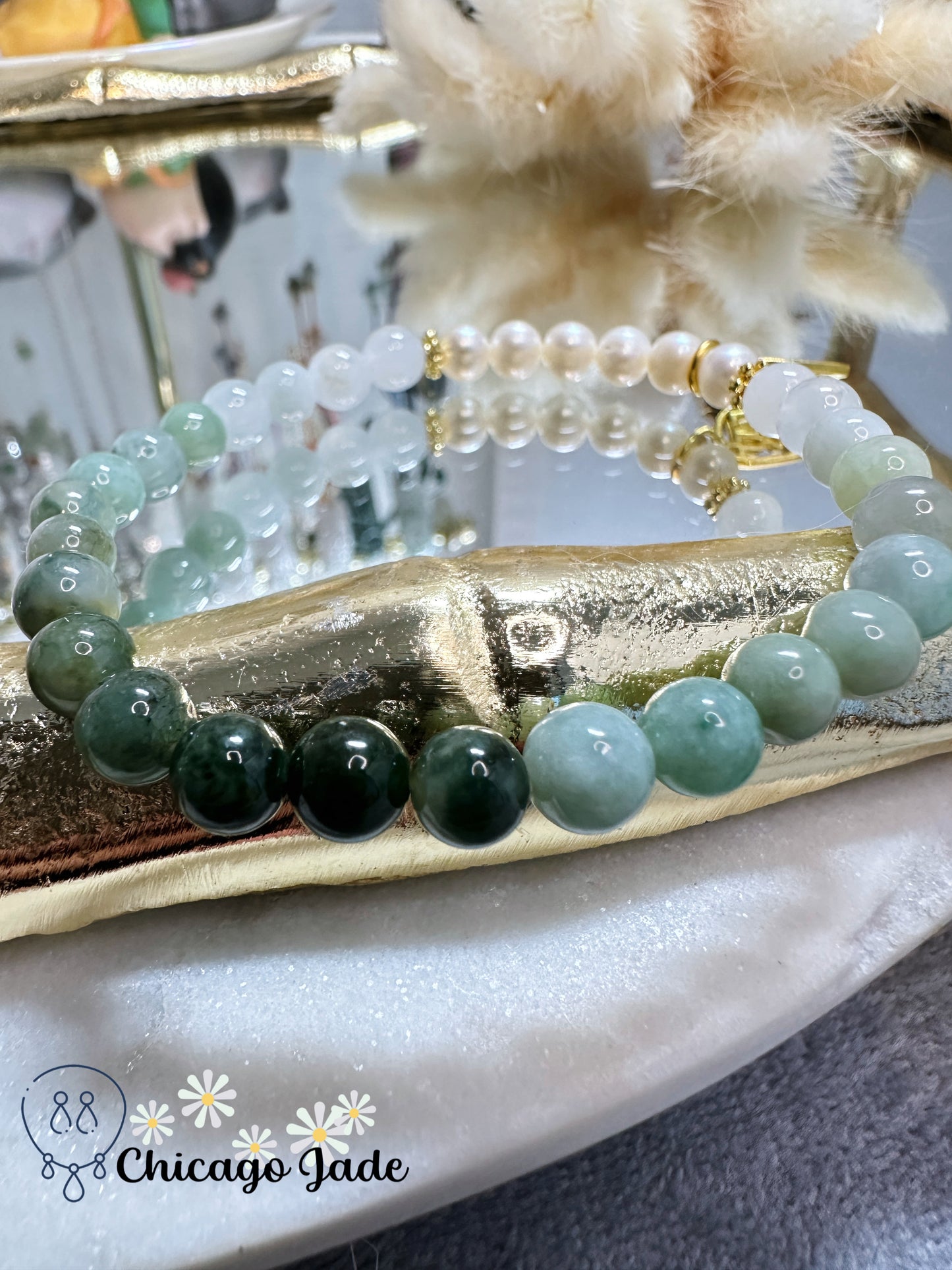 Gradient green smooth jadeite jade bead with pearl and alloy decoration