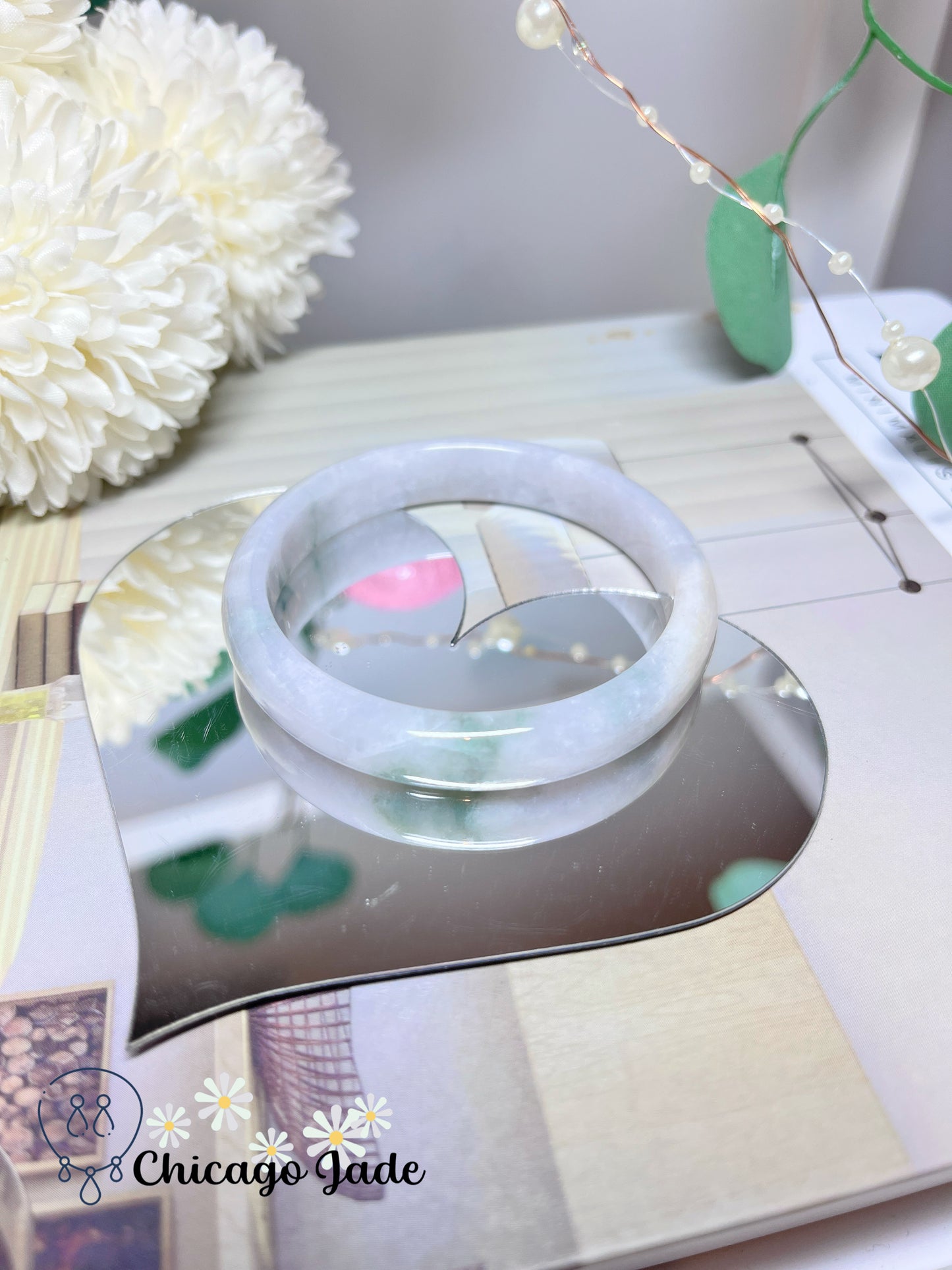 55.1mm Size M Moonlight White Base with Green Flowers Natural Grade A Authentic Burma Jadeite Jade Feicui Bangle