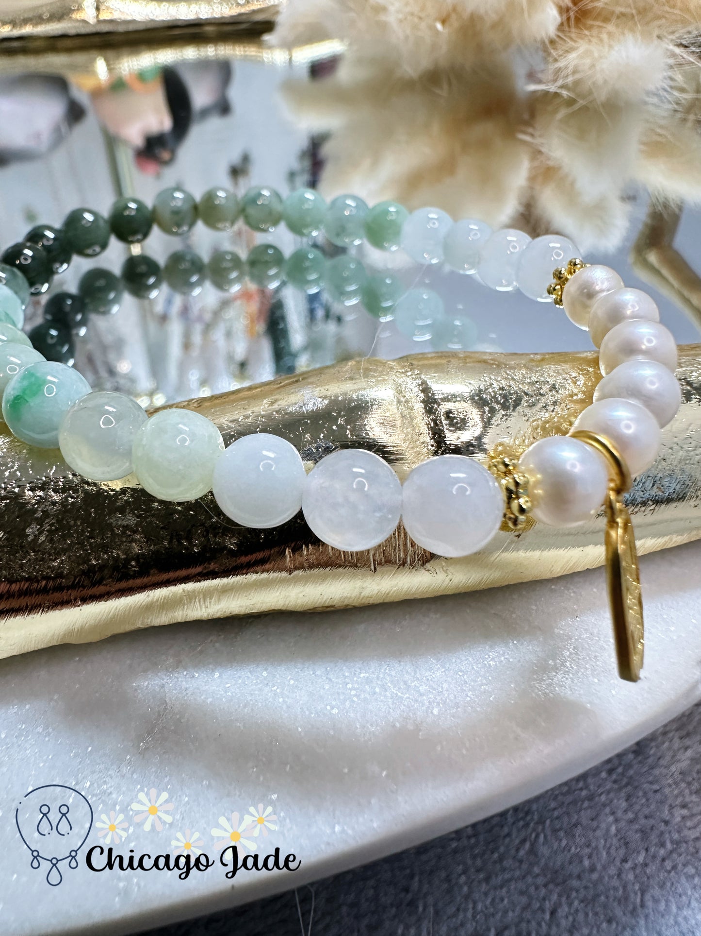 Gradient green smooth jadeite jade bead with pearl and alloy decoration