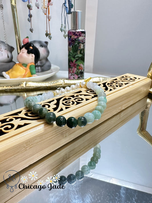Gradient green smooth jadeite jade bead with pearl and alloy decoration