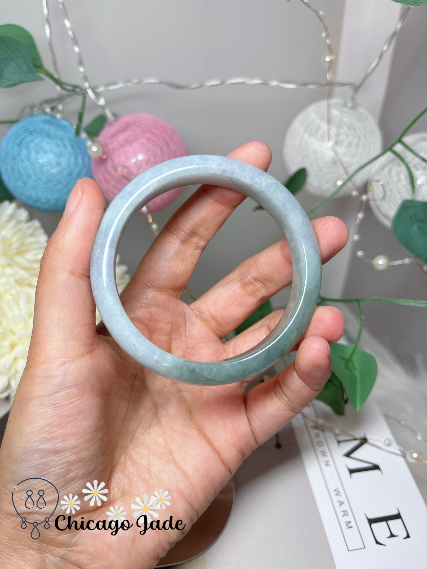 56.1mm Size M Light Blue Base with Icy Green Highlight Grade A Authentic Untreated Burma Jadeite Jade Feicui Bangle