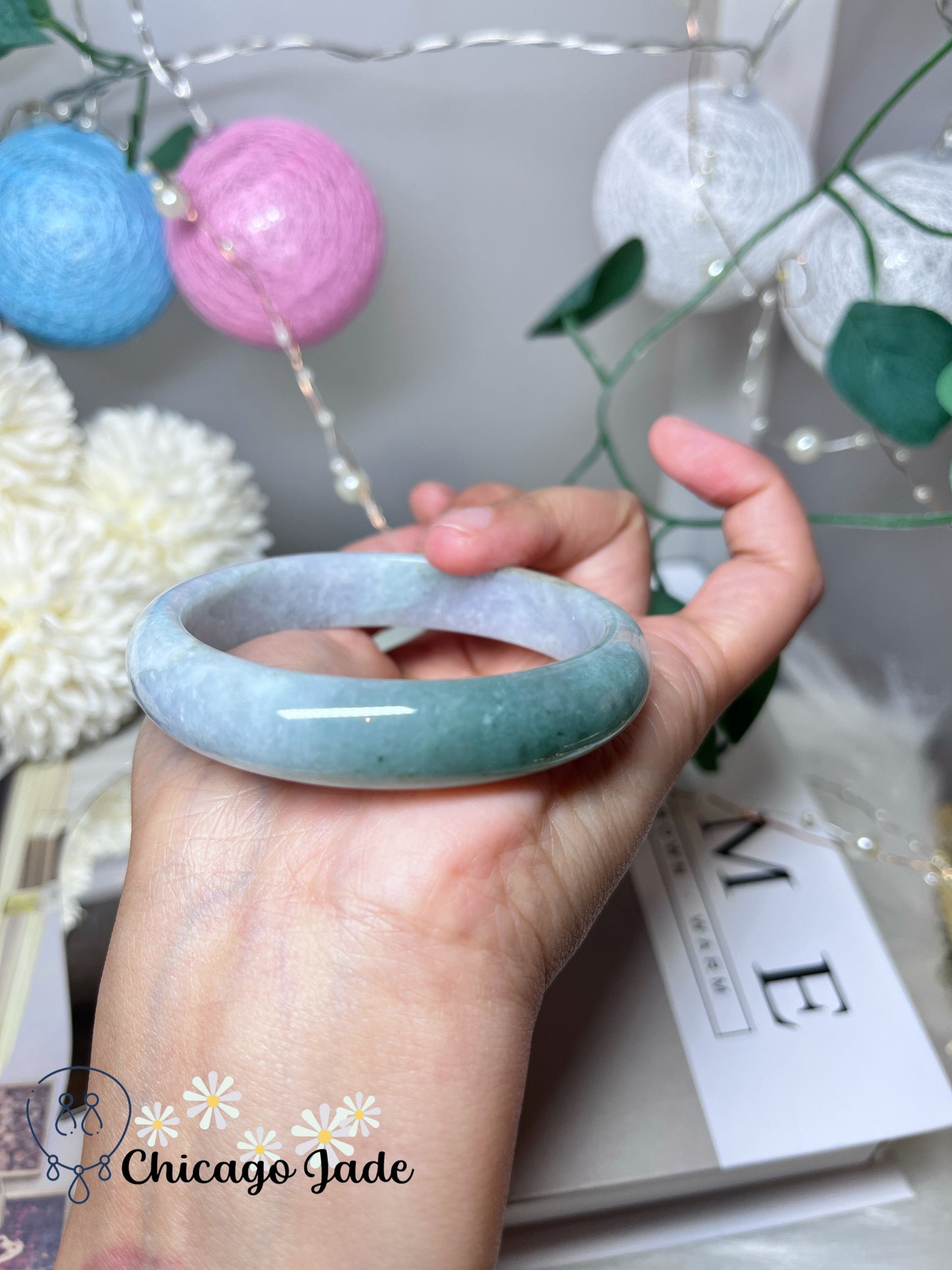 56.1mm Size M Light Blue Base with Icy Green Highlight Grade A Authentic Untreated Burma Jadeite Jade Feicui Bangle