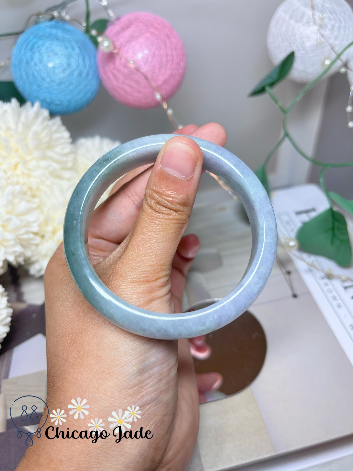 56.1mm Size M Light Blue Base with Icy Green Highlight Grade A Authentic Untreated Burma Jadeite Jade Feicui Bangle
