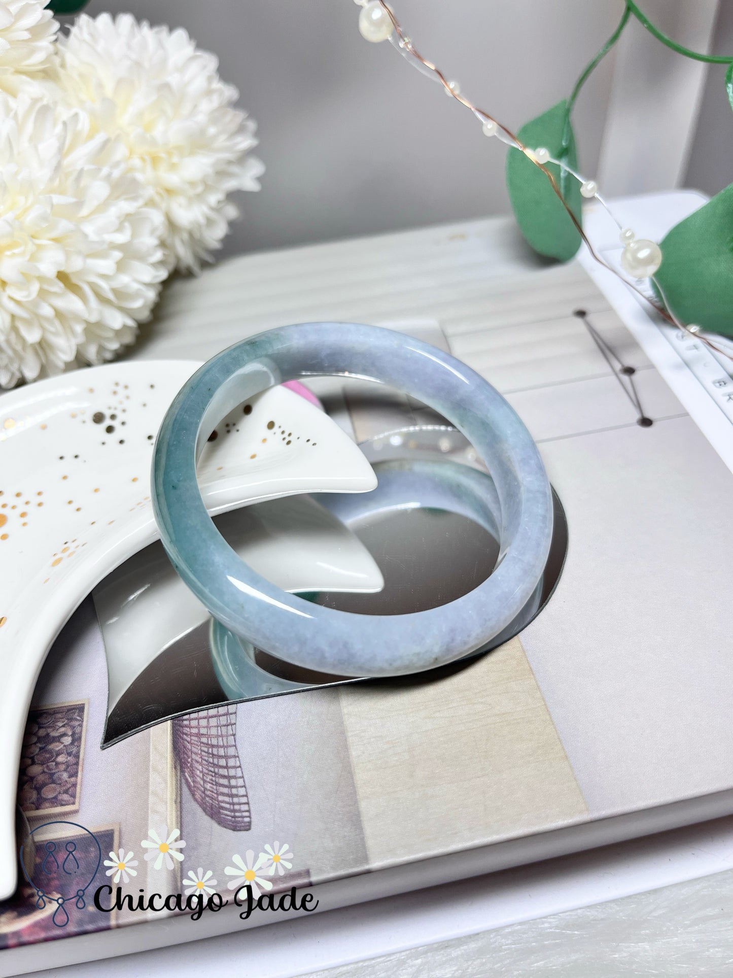 56.1mm Size M Light Blue Base with Icy Green Highlight Grade A Authentic Untreated Burma Jadeite Jade Feicui Bangle