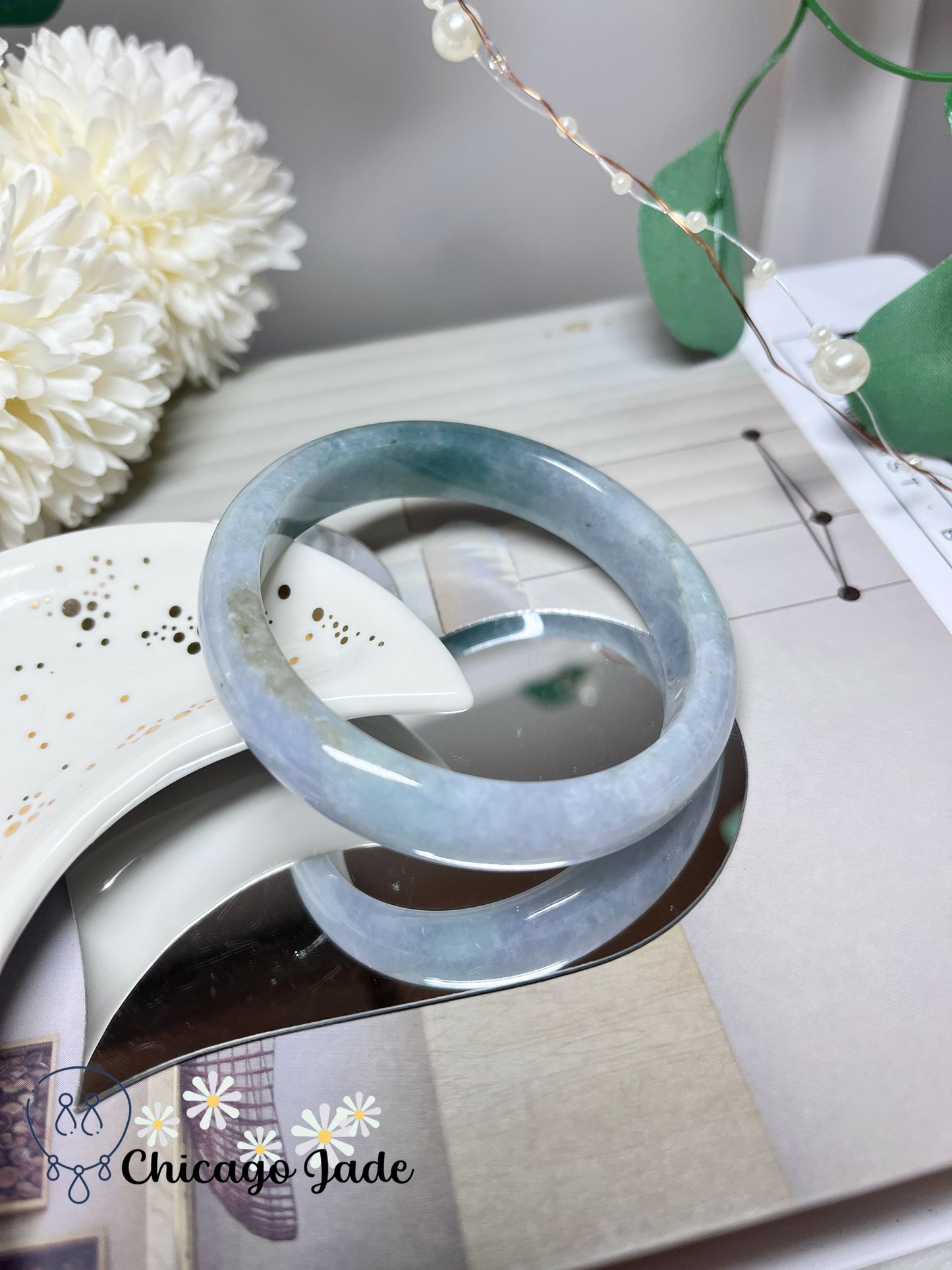 56.1mm Size M Light Blue Base with Icy Green Highlight Grade A Authentic Untreated Burma Jadeite Jade Feicui Bangle