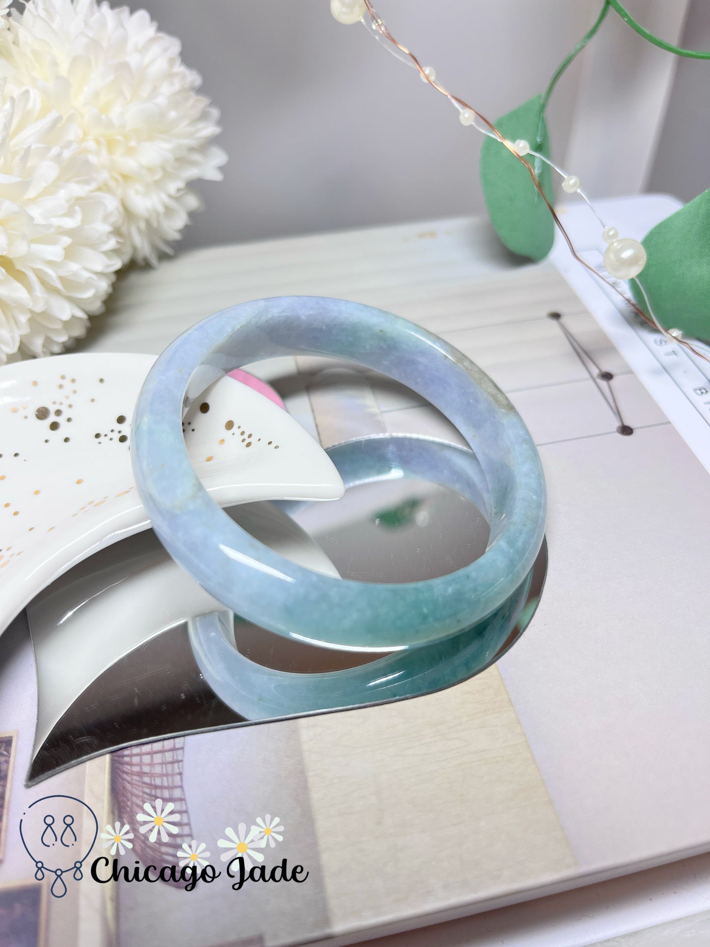 56.1mm Size M Light Blue Base with Icy Green Highlight Grade A Authentic Untreated Burma Jadeite Jade Feicui Bangle