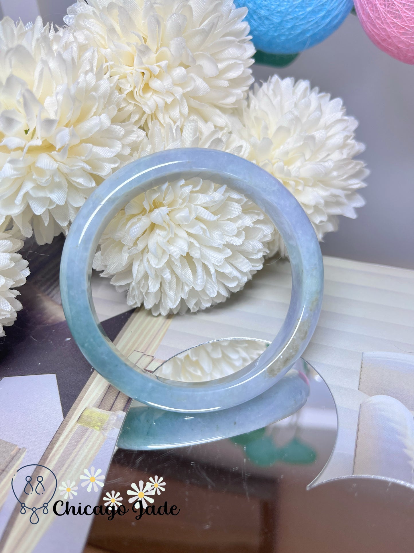 56.1mm Size M Light Blue Base with Icy Green Highlight Grade A Authentic Untreated Burma Jadeite Jade Feicui Bangle