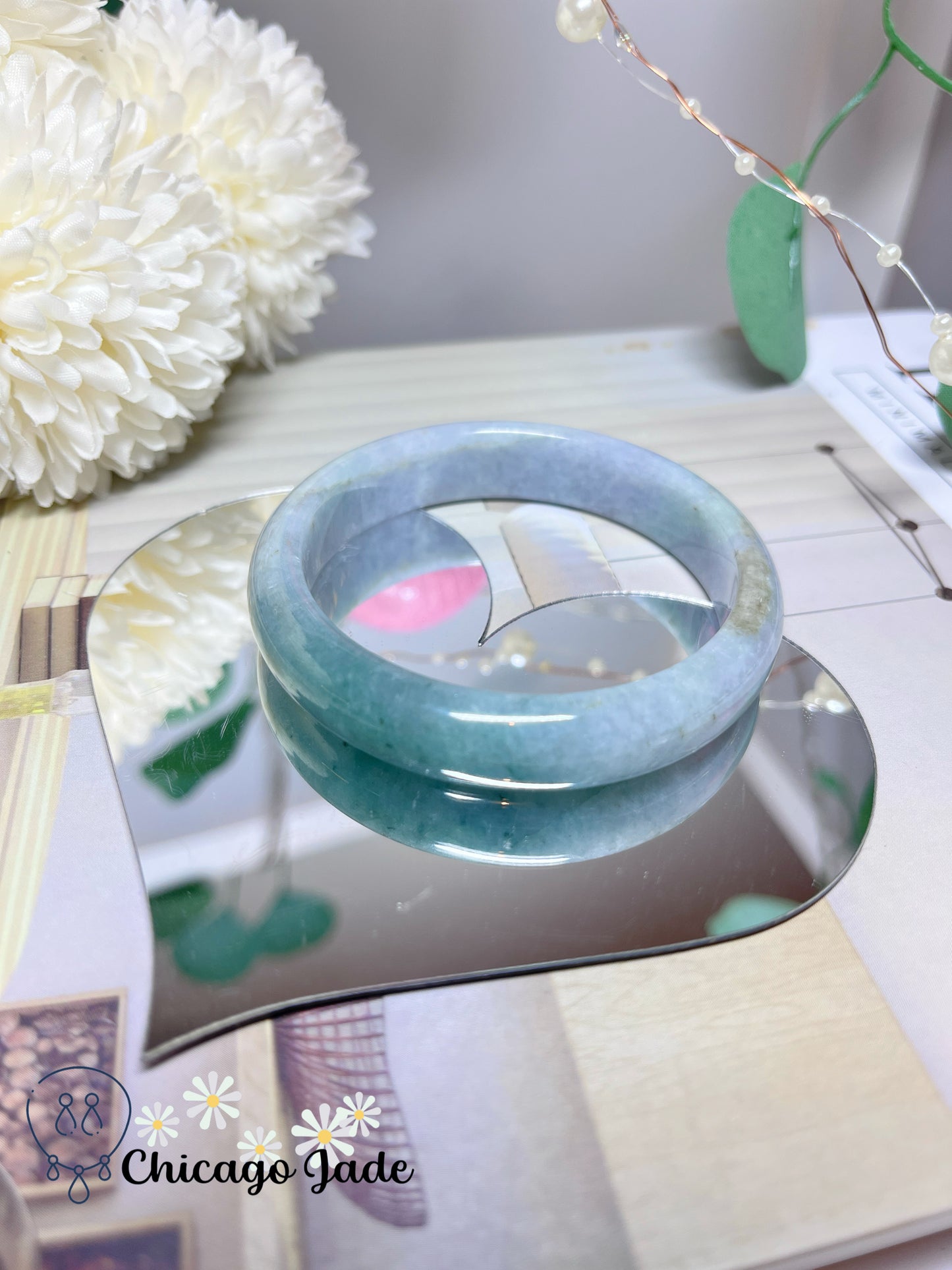 56.1mm Size M Light Blue Base with Icy Green Highlight Grade A Authentic Untreated Burma Jadeite Jade Feicui Bangle