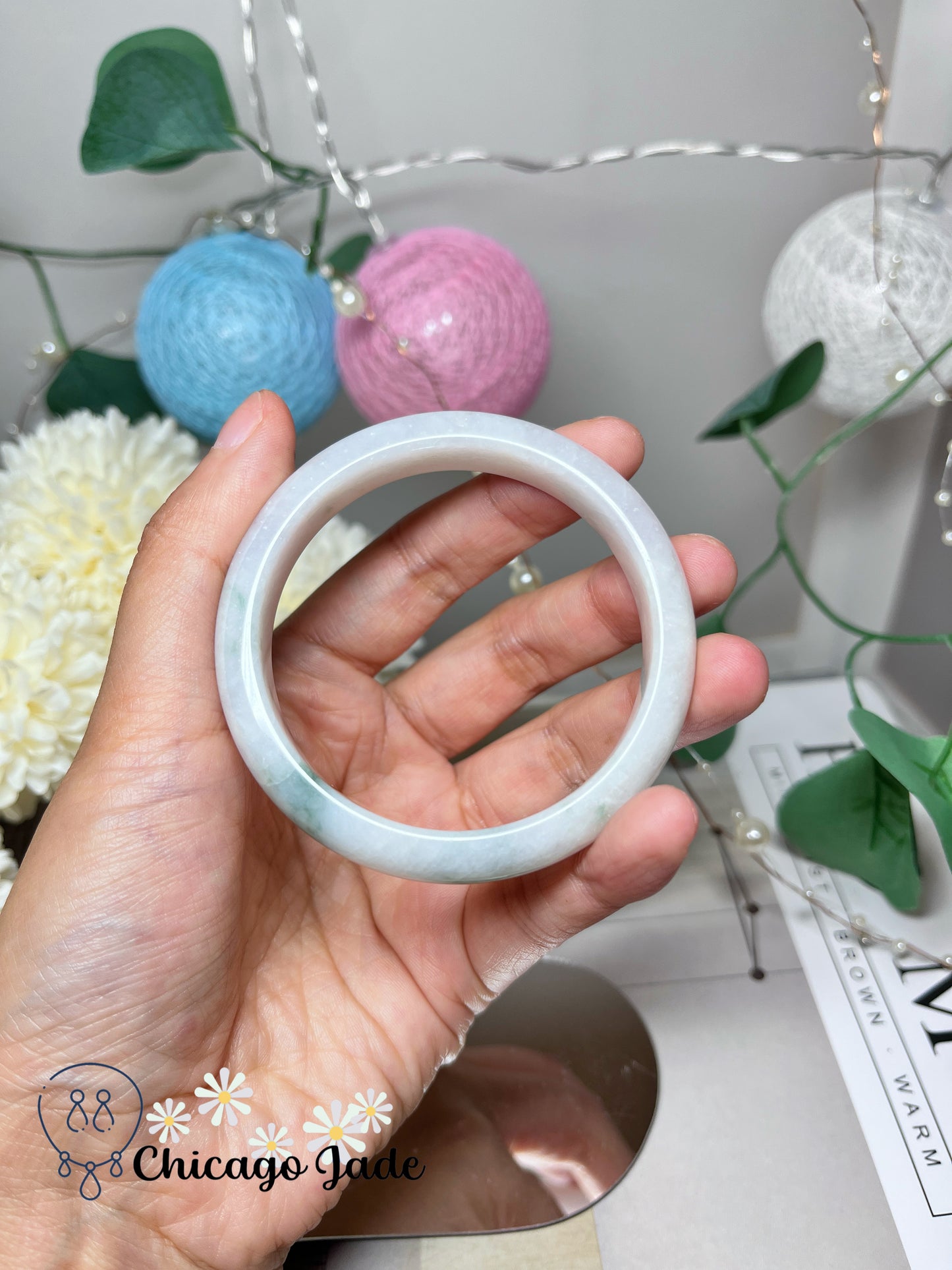 53.8mm Size S White Base Blue Green Clouds Natural Grade A Authentic Untreated Burma Jadeite Jade Bangle