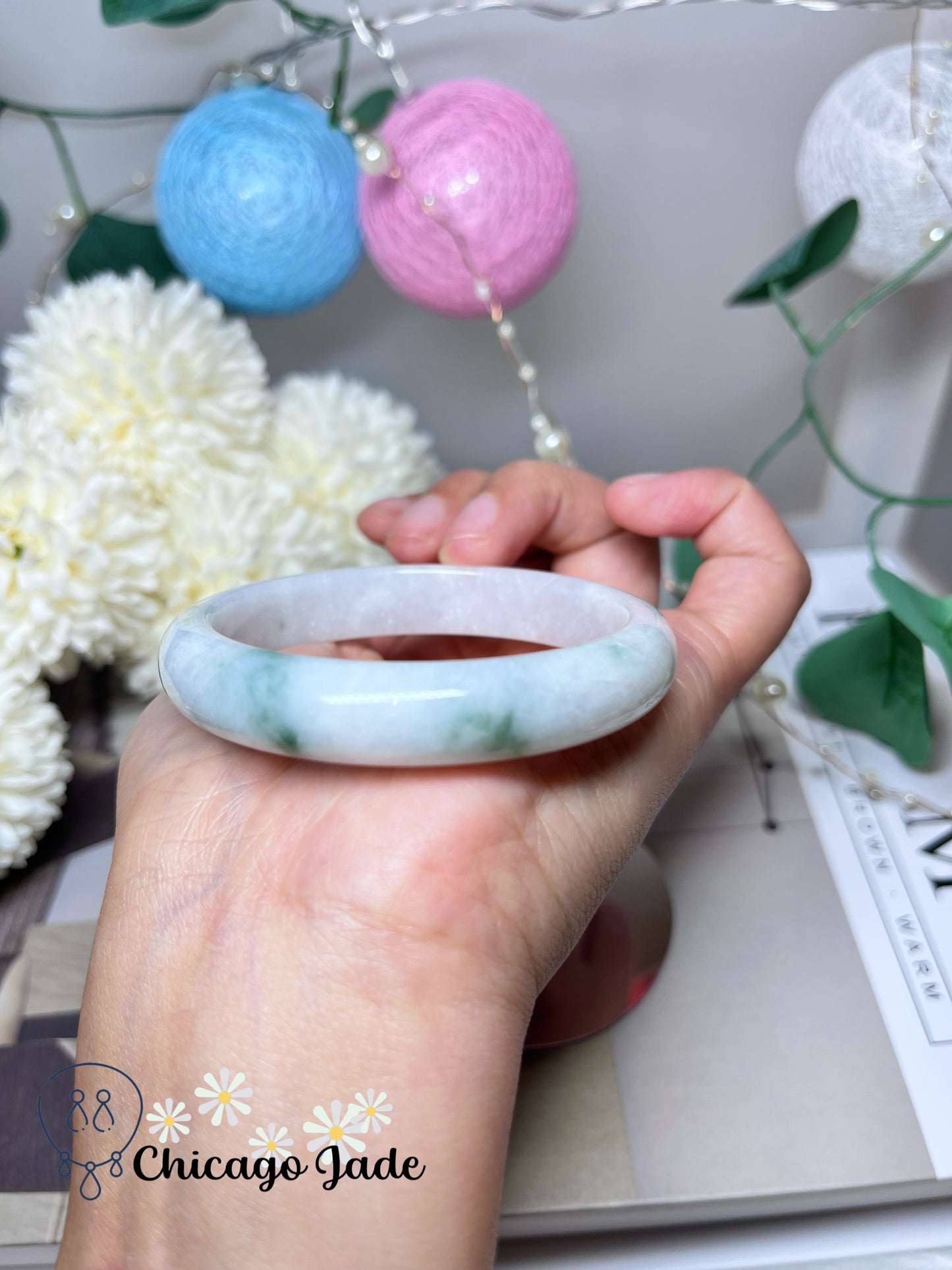 53.8mm Size S White Base Blue Green Clouds Natural Grade A Authentic Untreated Burma Jadeite Jade Bangle
