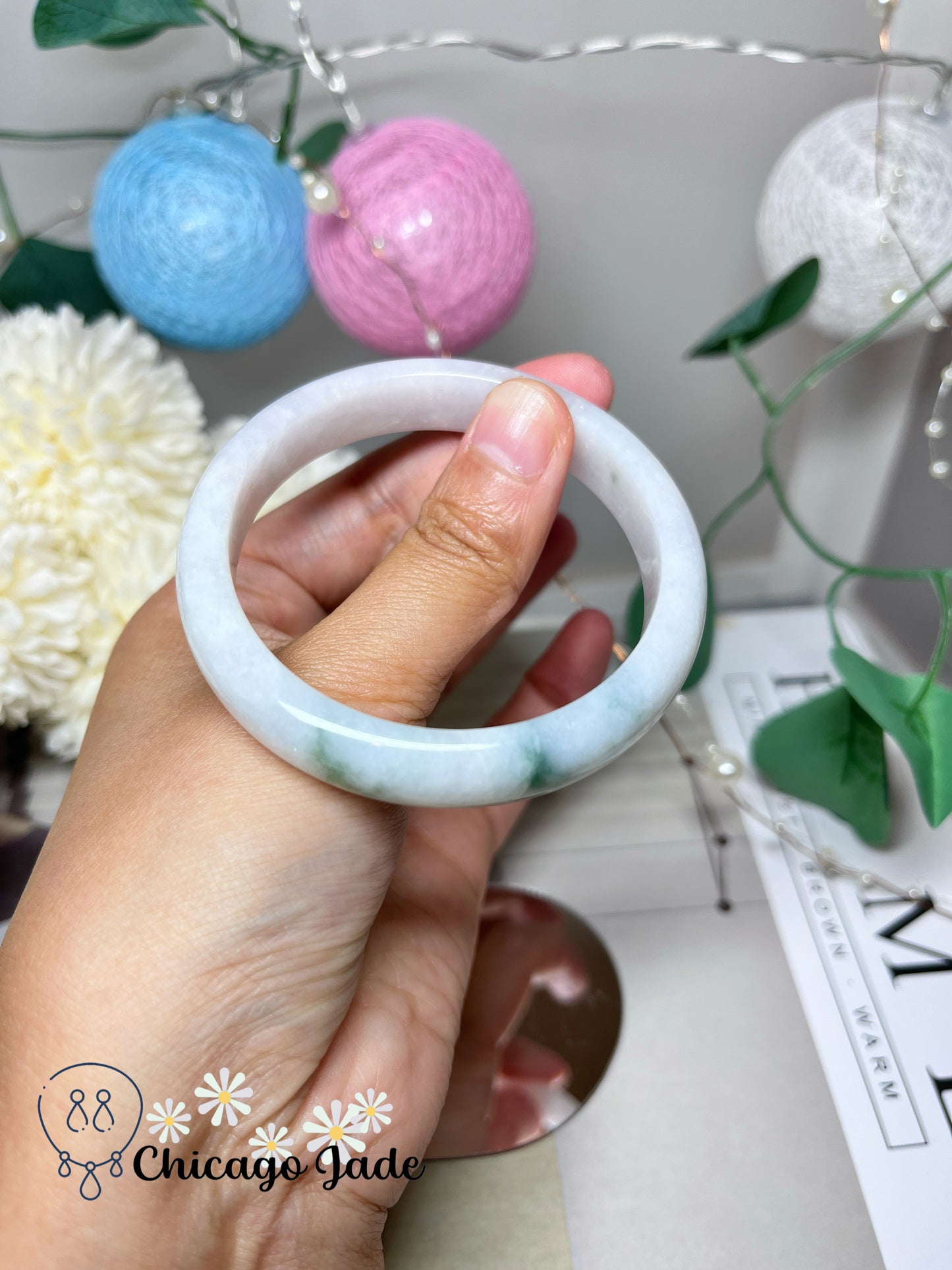 53.8mm Size S White Base Blue Green Clouds Natural Grade A Authentic Untreated Burma Jadeite Jade Bangle
