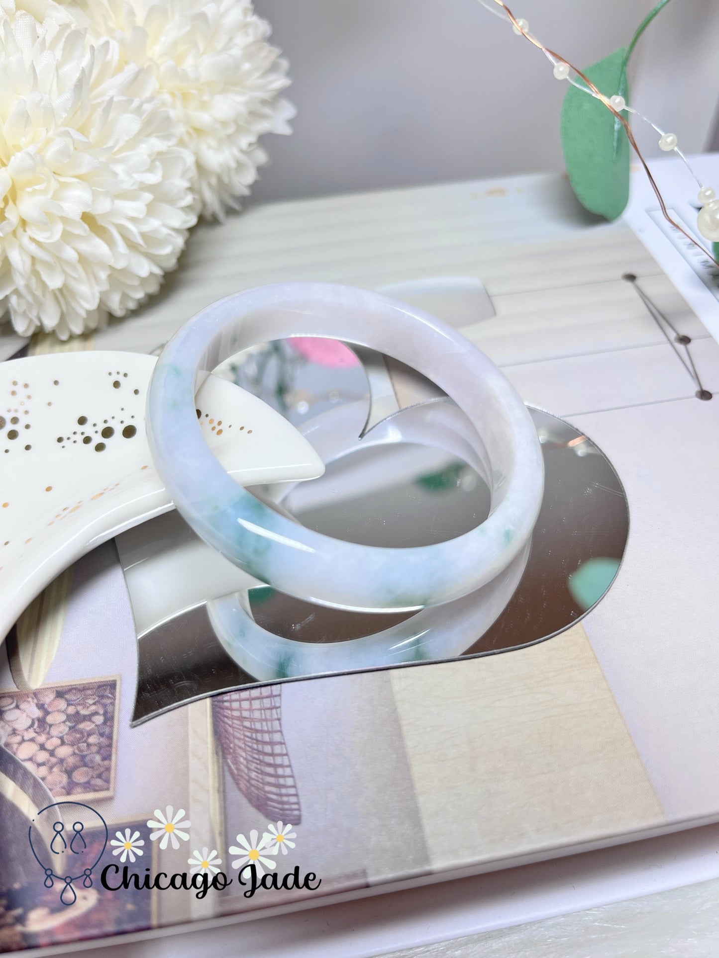 53.8mm Size S White Base Blue Green Clouds Natural Grade A Authentic Untreated Burma Jadeite Jade Bangle