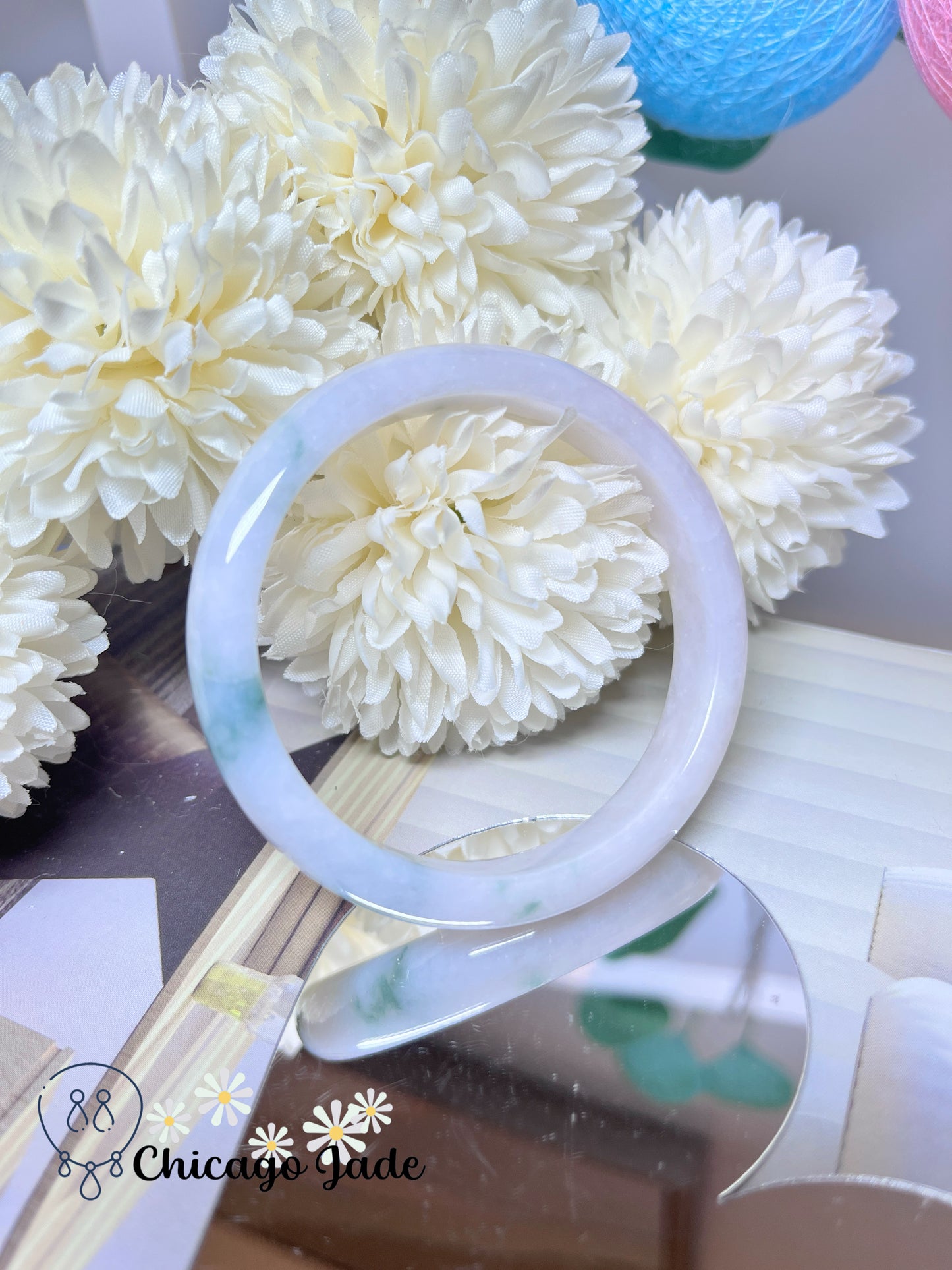 53.8mm Size S White Base Blue Green Clouds Natural Grade A Authentic Untreated Burma Jadeite Jade Bangle
