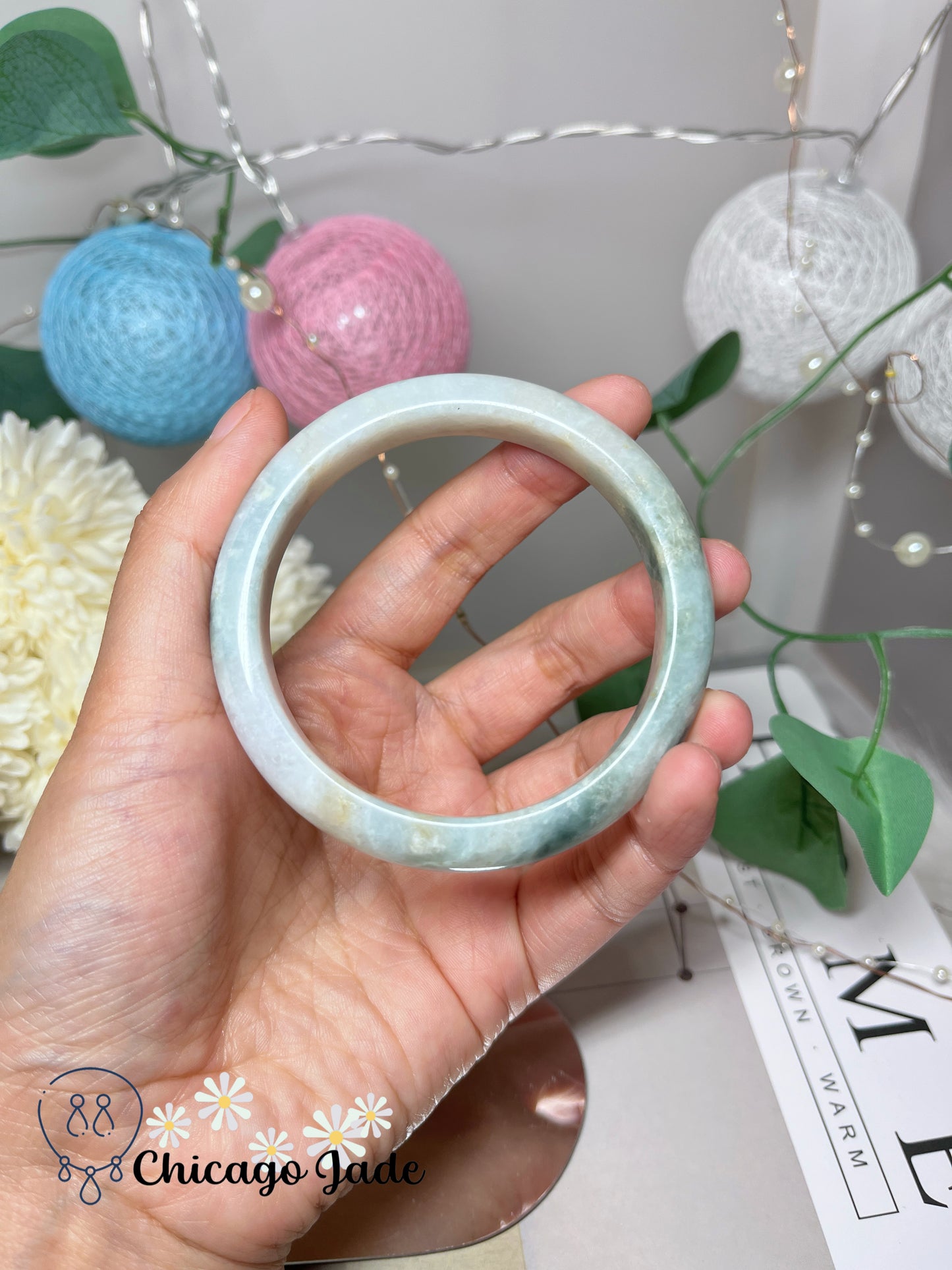 57.9mm Size M Natural Green Flower Flat Inside Grade A Authentic Untreated Jadeite Jade Feicui Bangle
