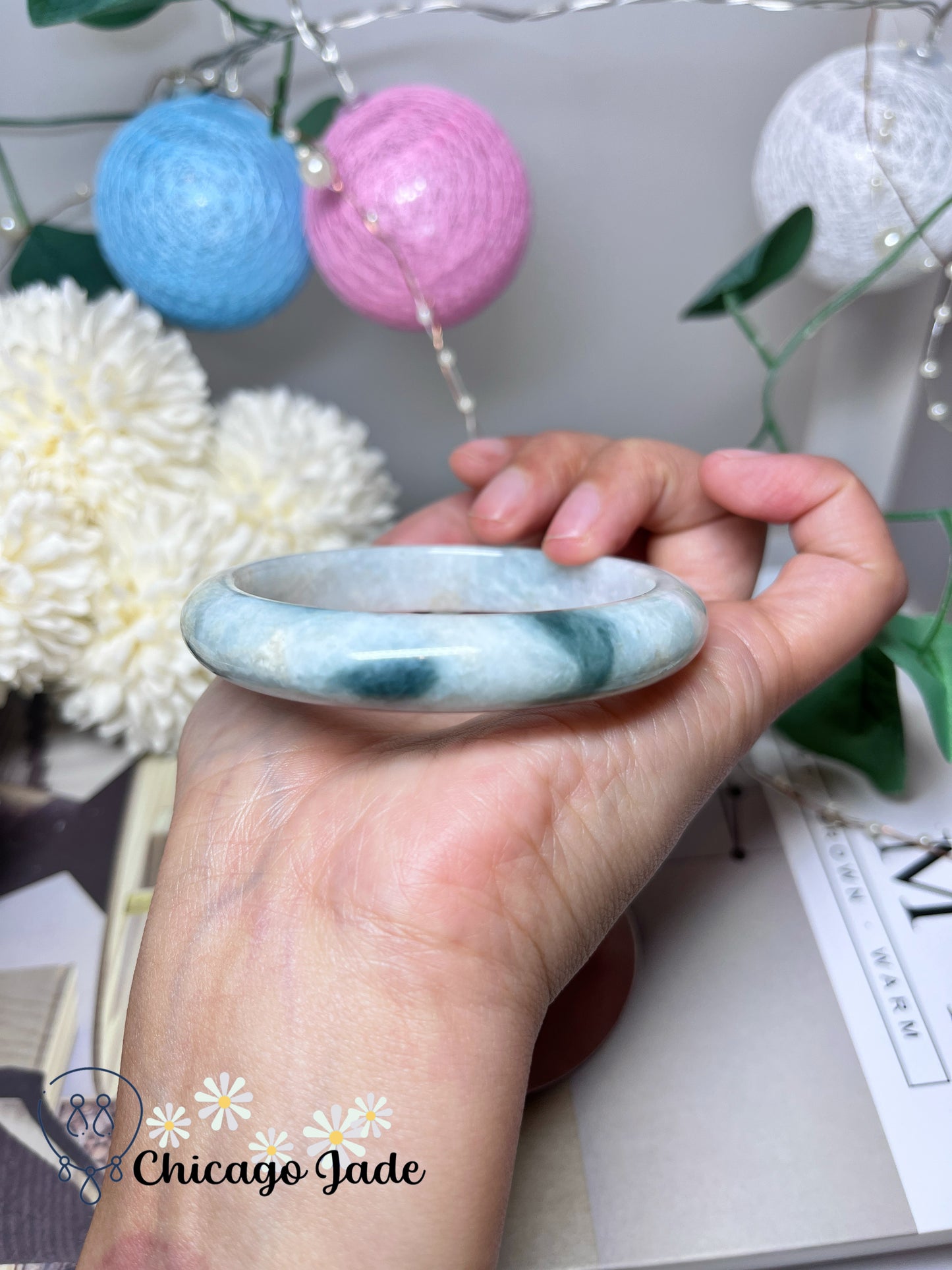 57.9mm Size M Natural Green Flower Flat Inside Grade A Authentic Untreated Jadeite Jade Feicui Bangle