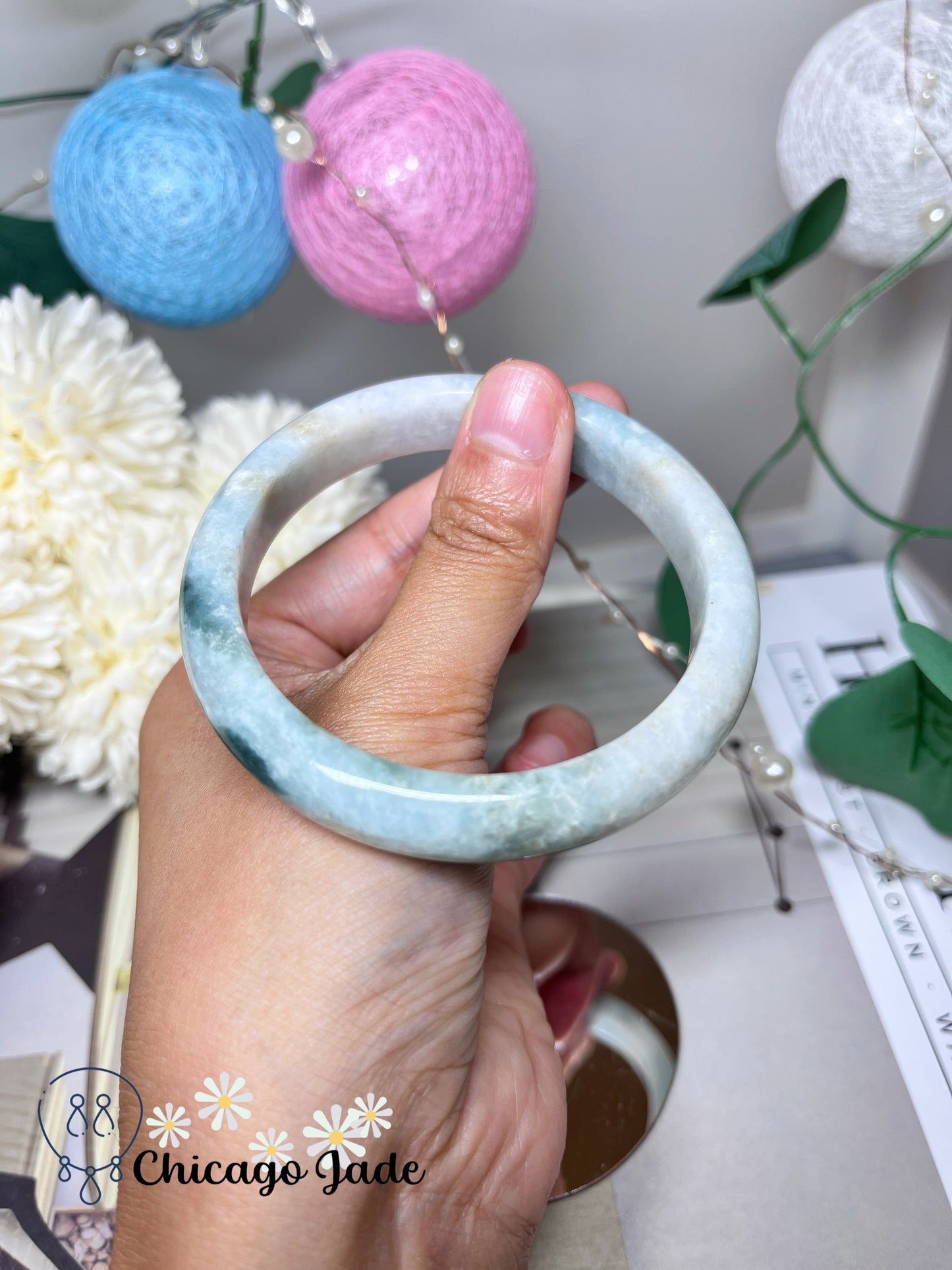 57.9mm Size M Natural Green Flower Flat Inside Grade A Authentic Untreated Jadeite Jade Feicui Bangle