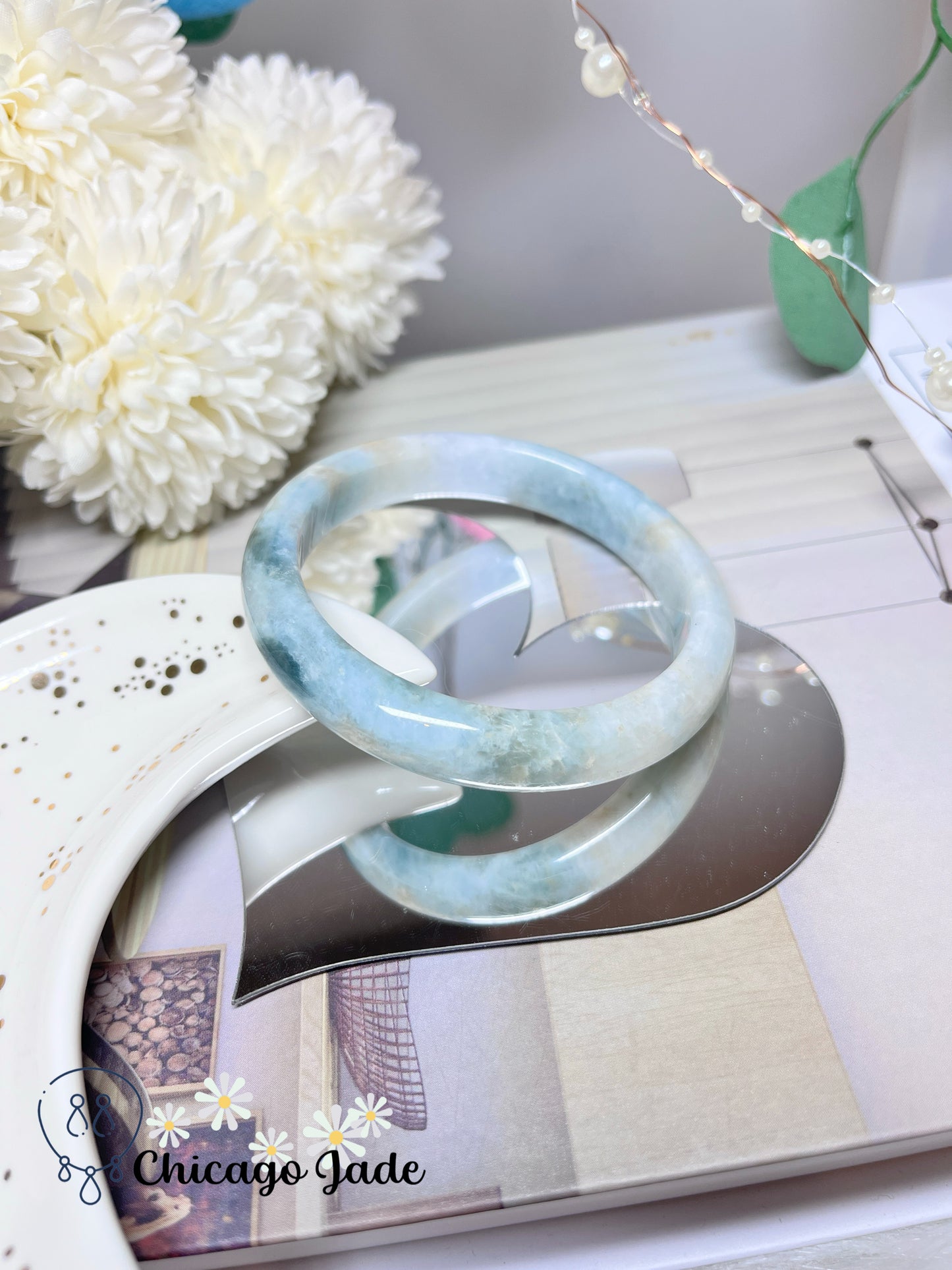 57.9mm Size M Natural Green Flower Flat Inside Grade A Authentic Untreated Jadeite Jade Feicui Bangle