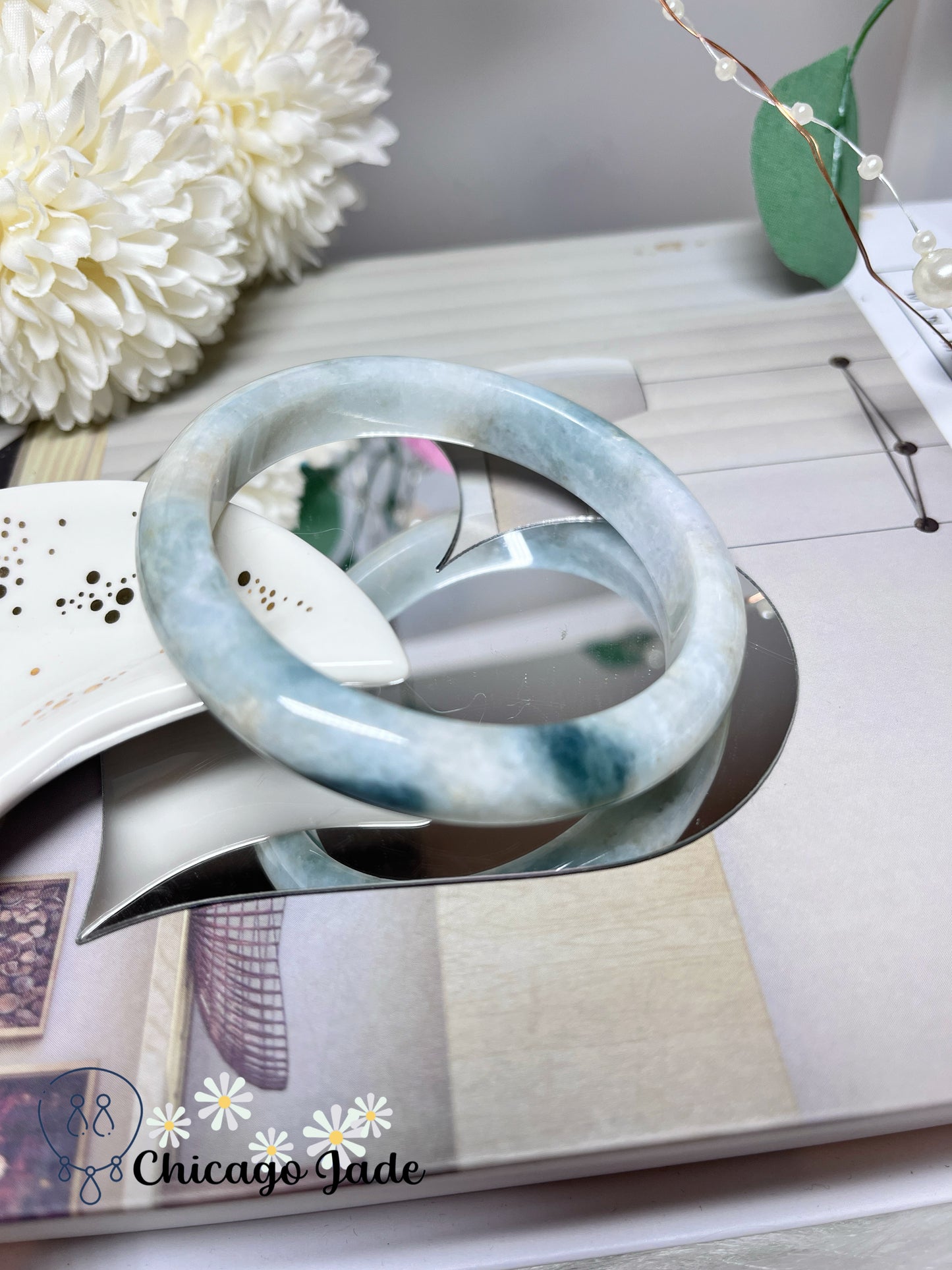 57.9mm Size M Natural Green Flower Flat Inside Grade A Authentic Untreated Jadeite Jade Feicui Bangle