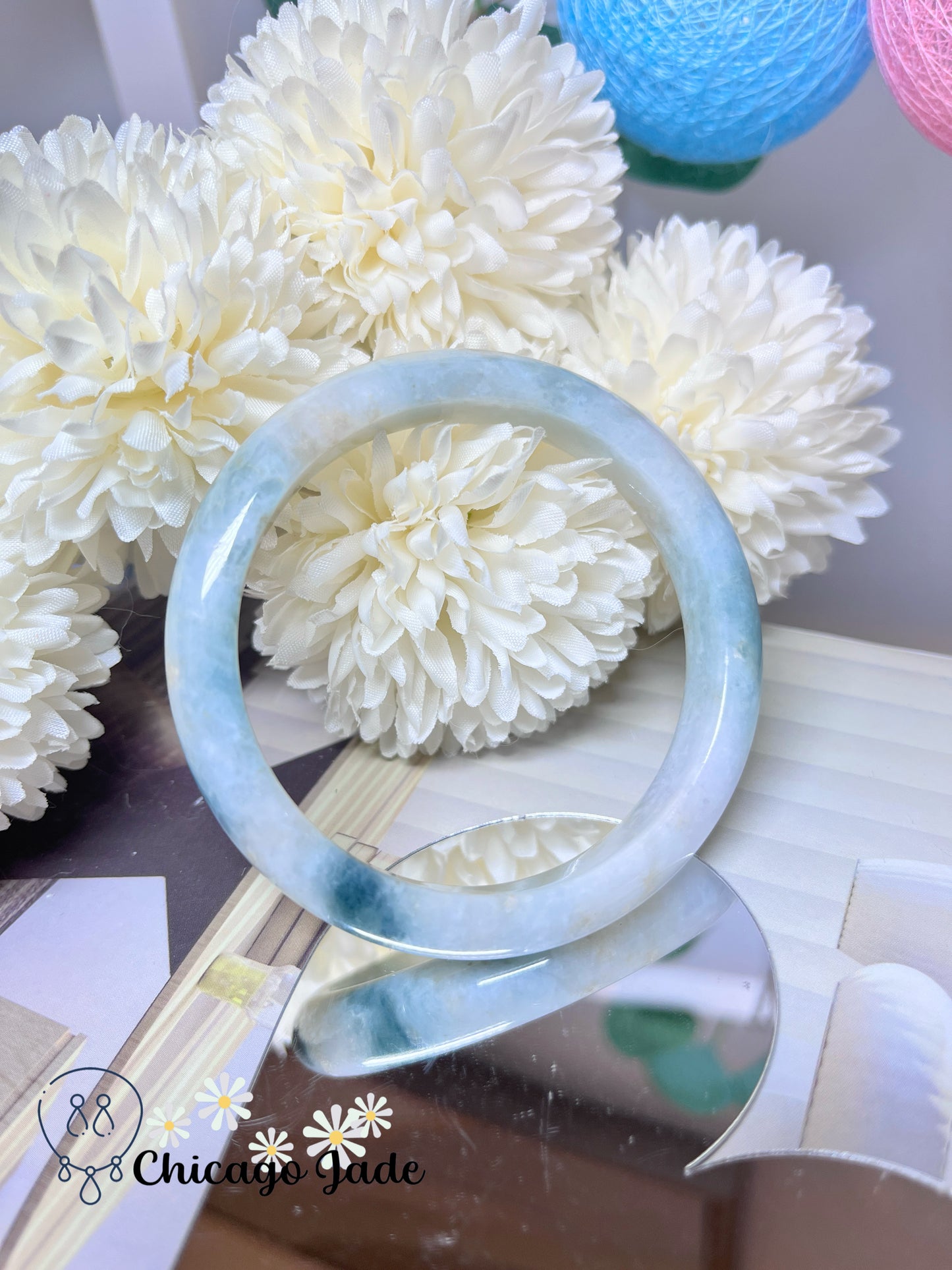 57.9mm Size M Natural Green Flower Flat Inside Grade A Authentic Untreated Jadeite Jade Feicui Bangle