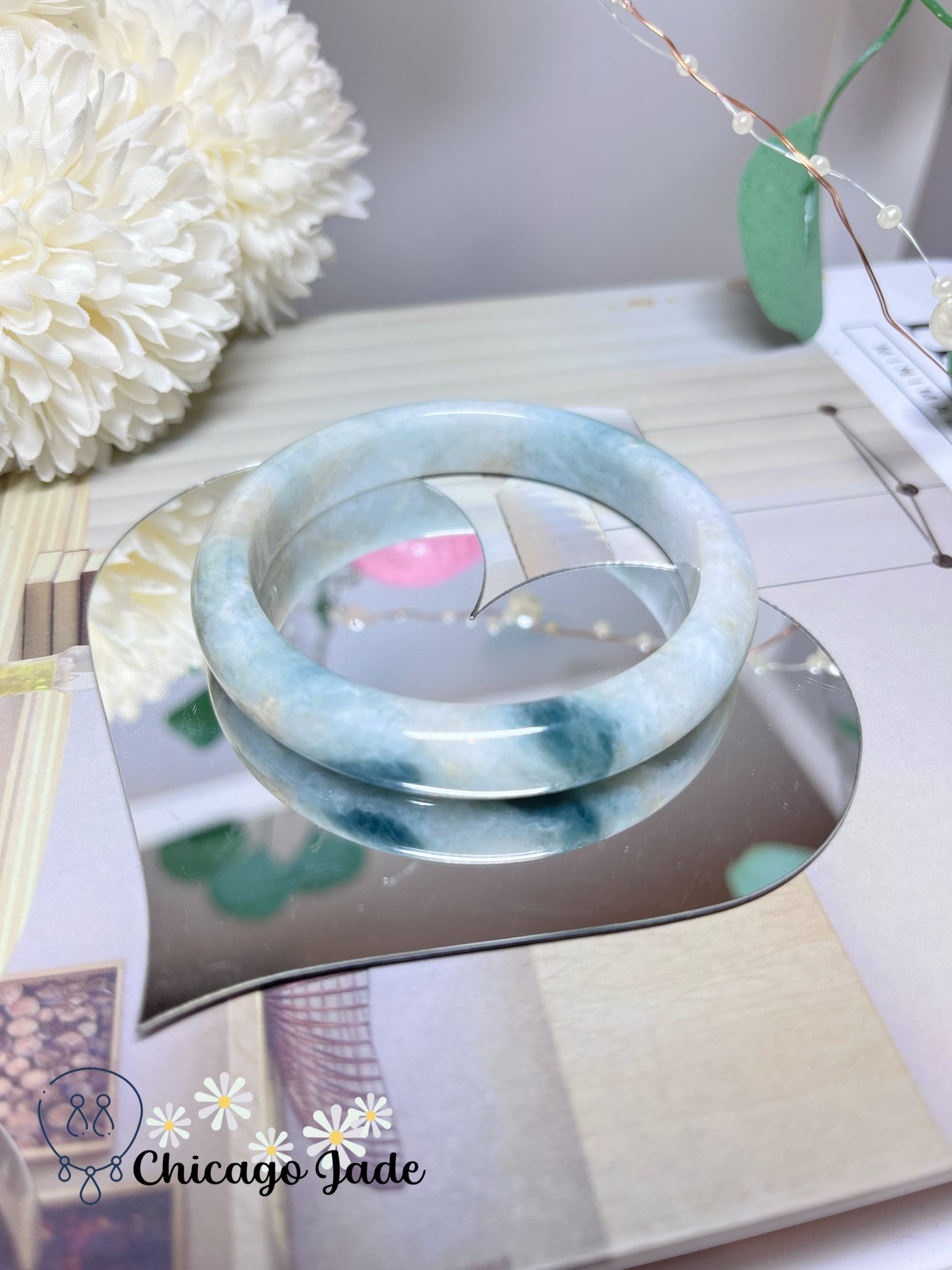 57.9mm Size M Natural Green Flower Flat Inside Grade A Authentic Untreated Jadeite Jade Feicui Bangle